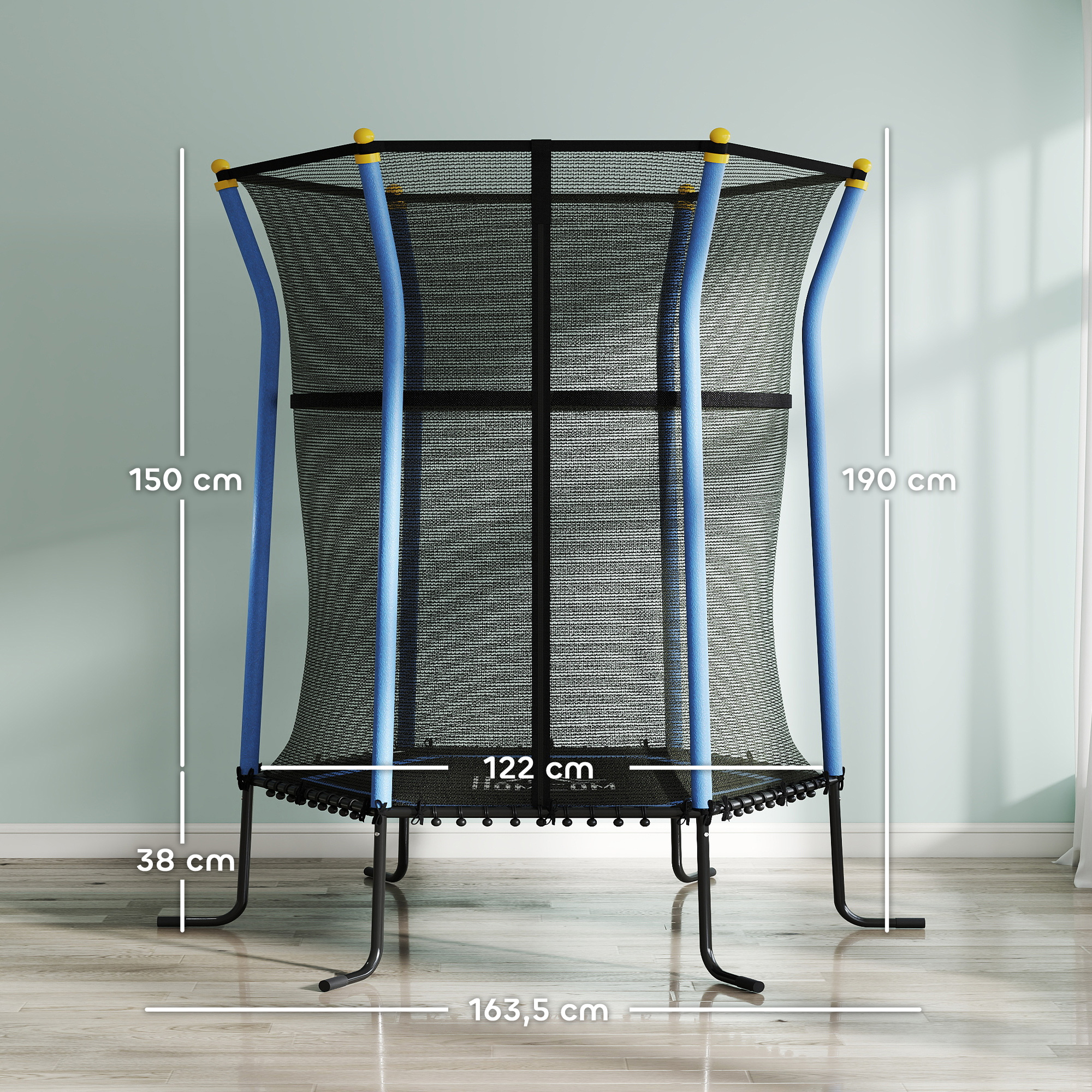 Trampolin für Kinder, Ø163,5 cm, mit Sicherheitsnetz, gepolstert, Stahl, belastbar bis 50 kg, Schwarz & Blau