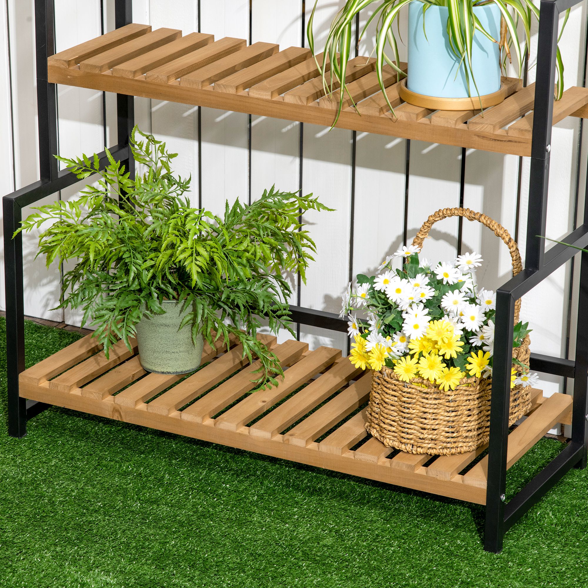 Pflanzenregal mit 3 Ebenen und Befestigungshaken, Blumentreppe aus Naturholz, 80 cm x 36 cm x 174 cm, Natur