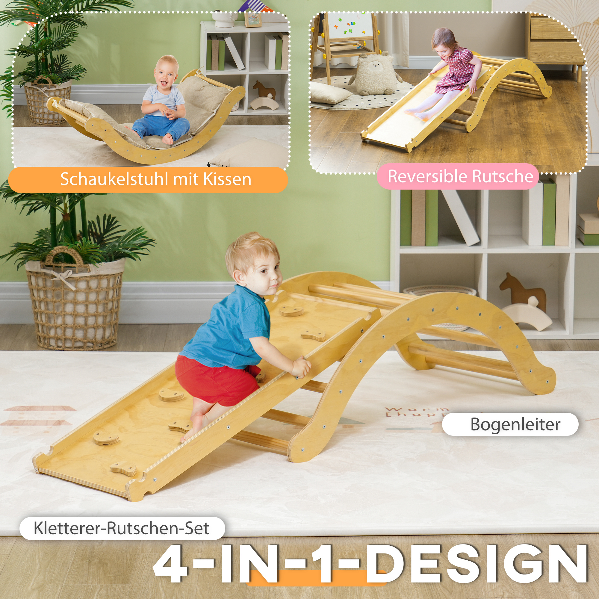 Kinder-Kletterset, 4-in-1-Design mit Bogenbrücke, Schaukelwippe, Kissen, Rutschrampe, für den Innenbereich, Holz