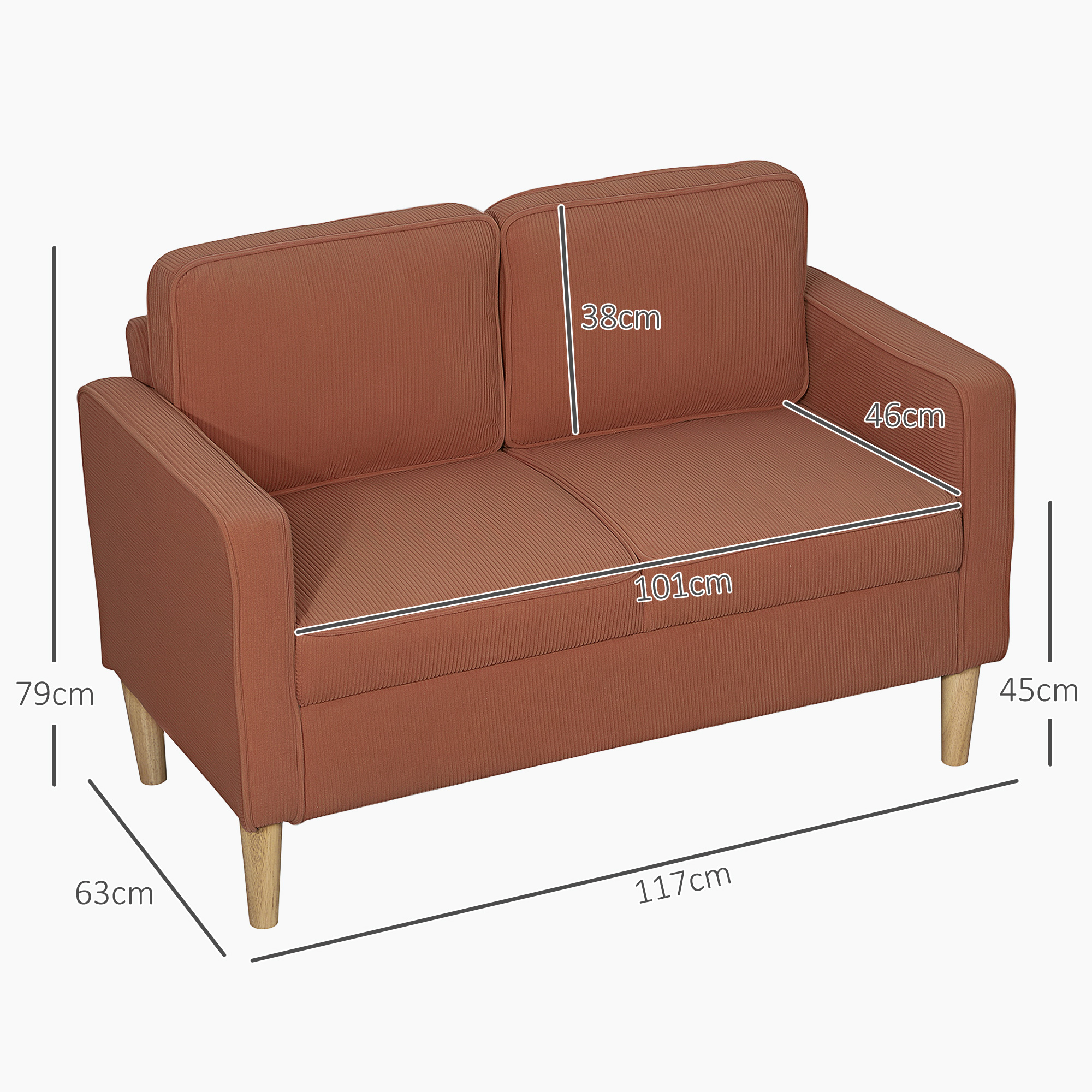 Zweisitzer-Sofa mit Stauraum und soliden Holzbeinen, für Wohnzimmer, Schlafzimmer, 117 x 63 x 79 cm, Orange