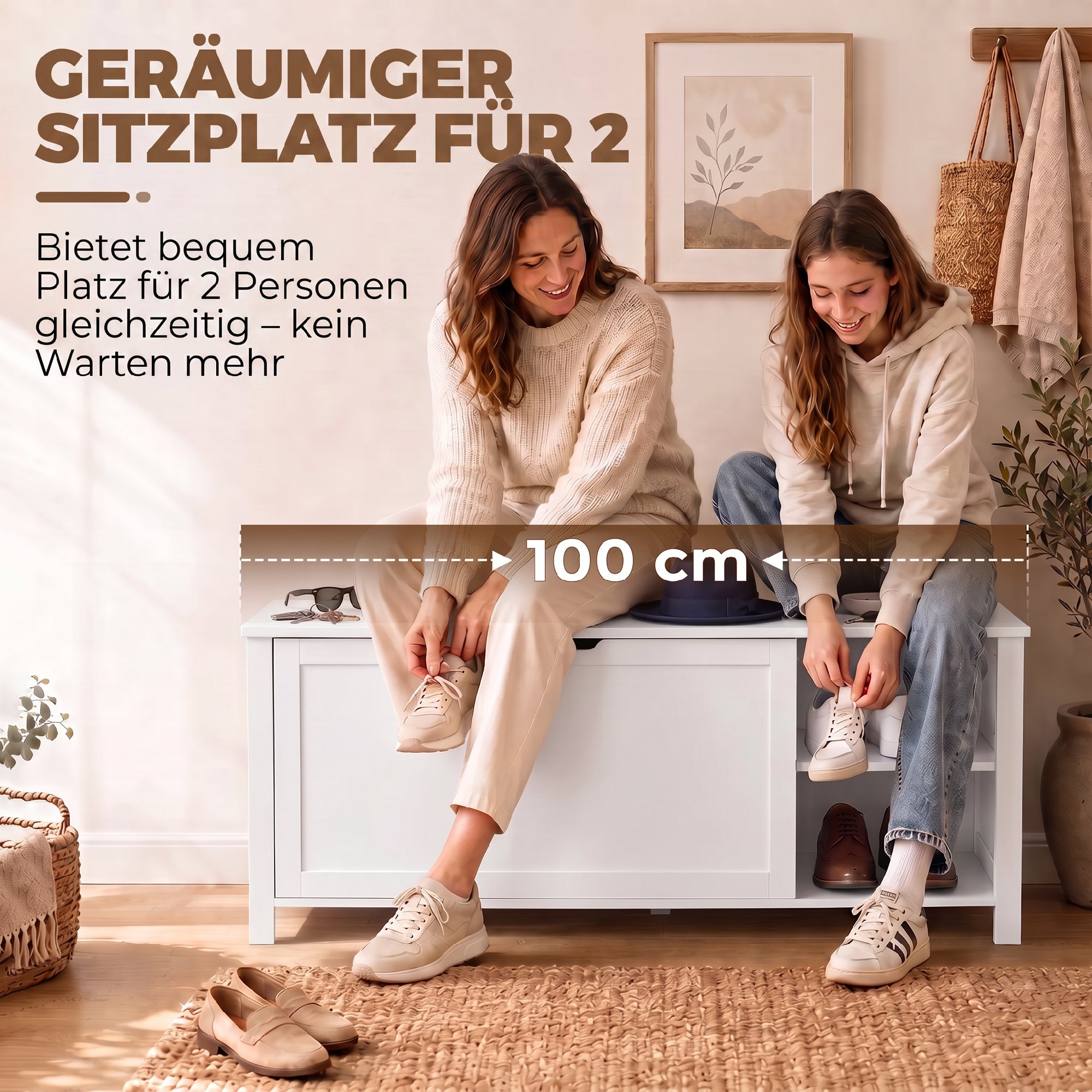 Schuhbank mit verstellbarem Einlegeboden und Klappfach, Schuhaufbewahrungsbank, Weiß