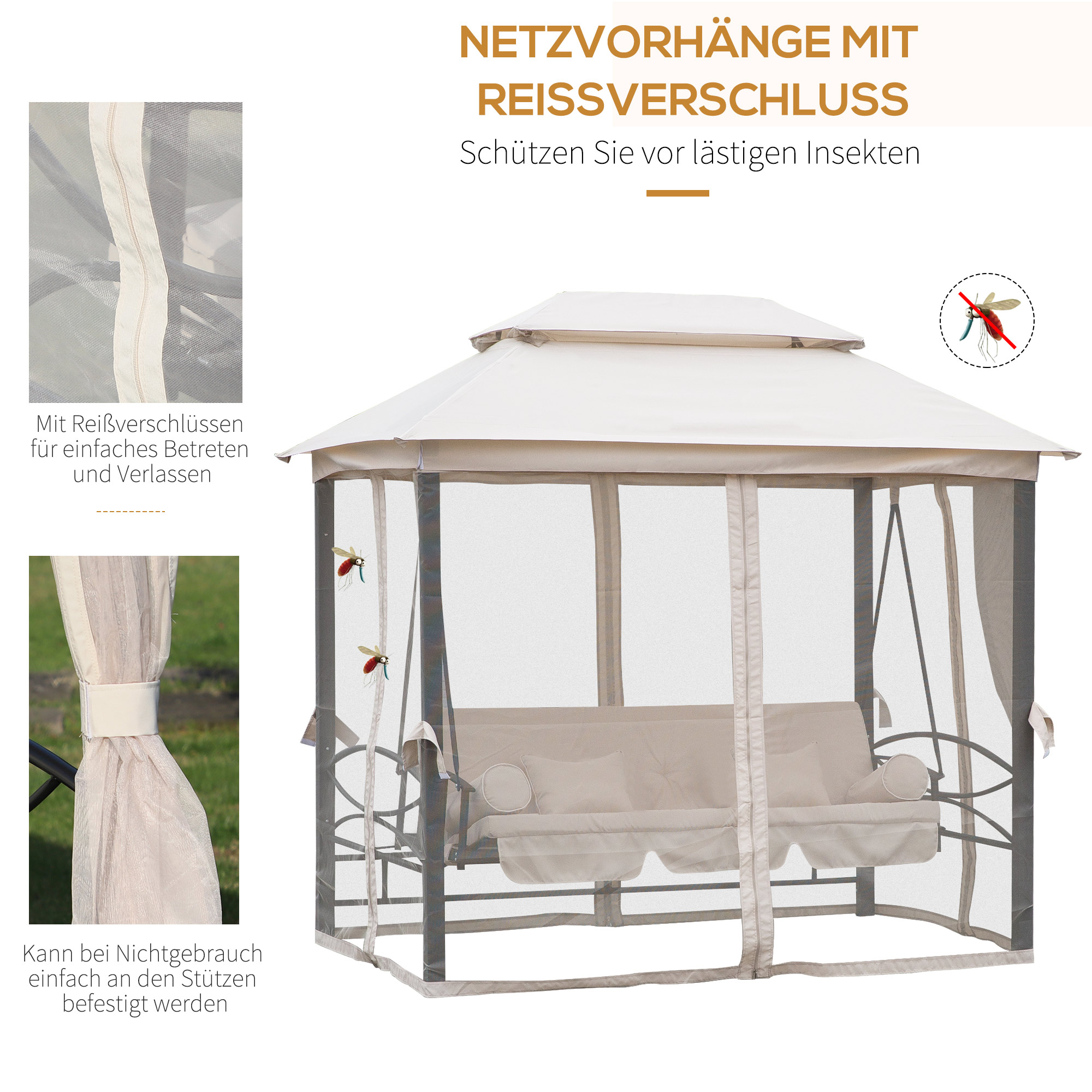 Hollywoodschaukel Gartenschaukel Schaukel mit Seitenwänden 3-Sitzer Beige 256 x 172 x 248 cm