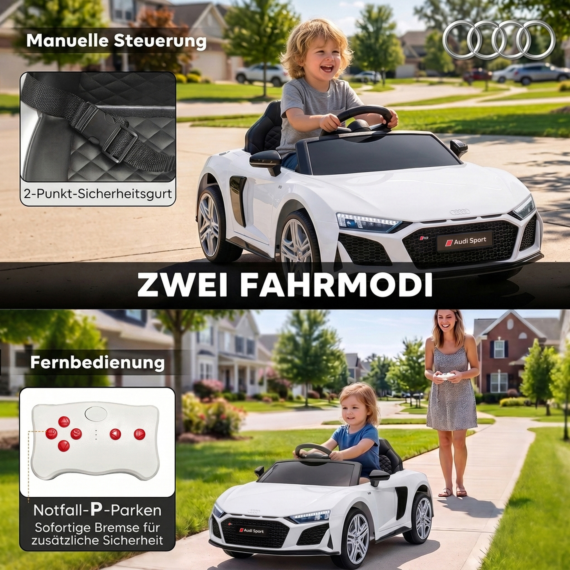Kinder Elektroauto 12V Kinderauto mit Fernbedienung Lithium-Akku 2 Motor Sanftanlauf Hinterradfederung Weiß