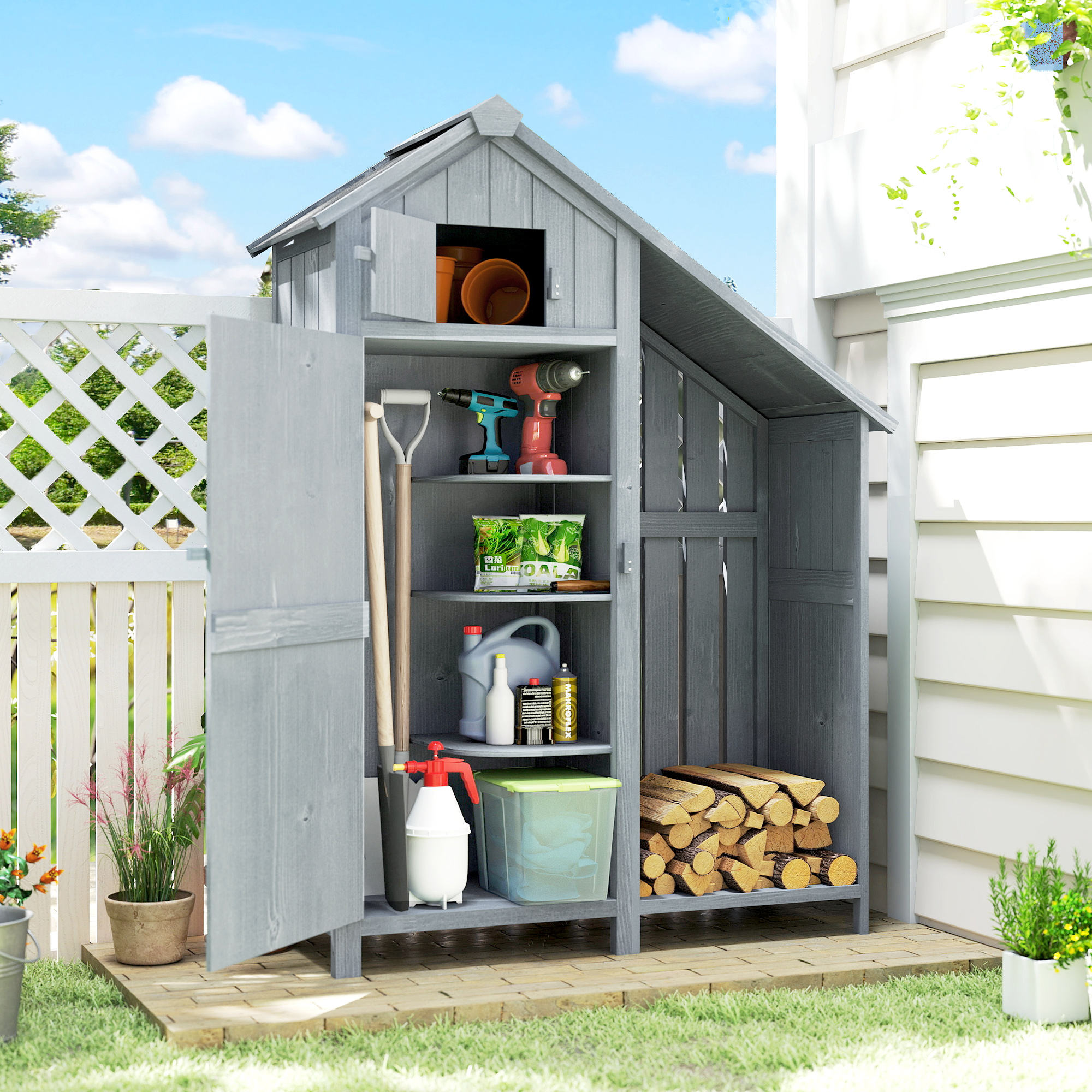 Gartenschrank Holz Outdoor wetterfest Geräteschuppen mit Asphaltdach Einlegeboden 129 x 51,5 x 180 cm Grau
