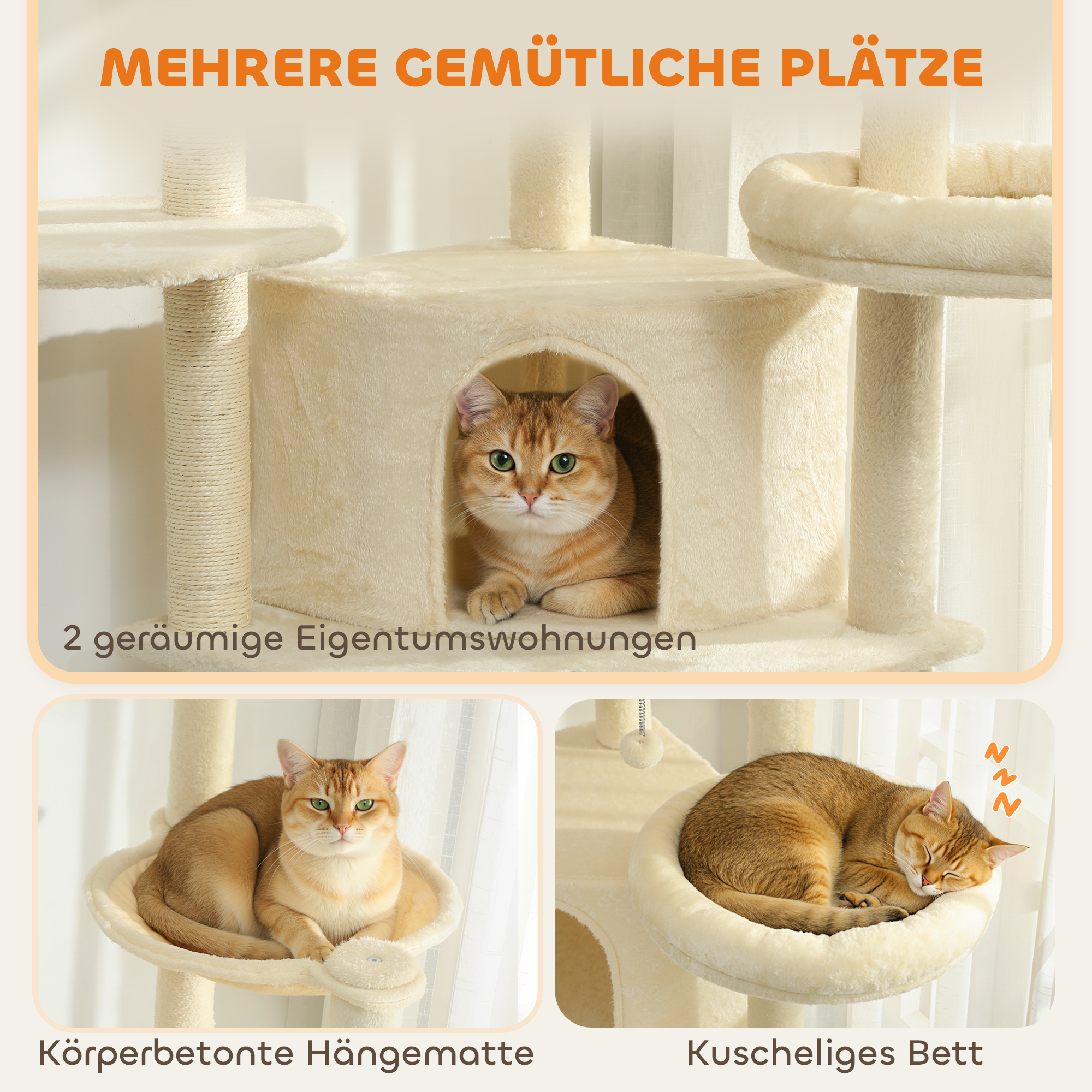 2 Meter hoher Kratzbaum Große für 2-3 Katzen, Kratzpfosten, Höhlen, Hängematte, Verstecke, mehrstöckiges Design, Sisal, Holz, Plüsch, Beige