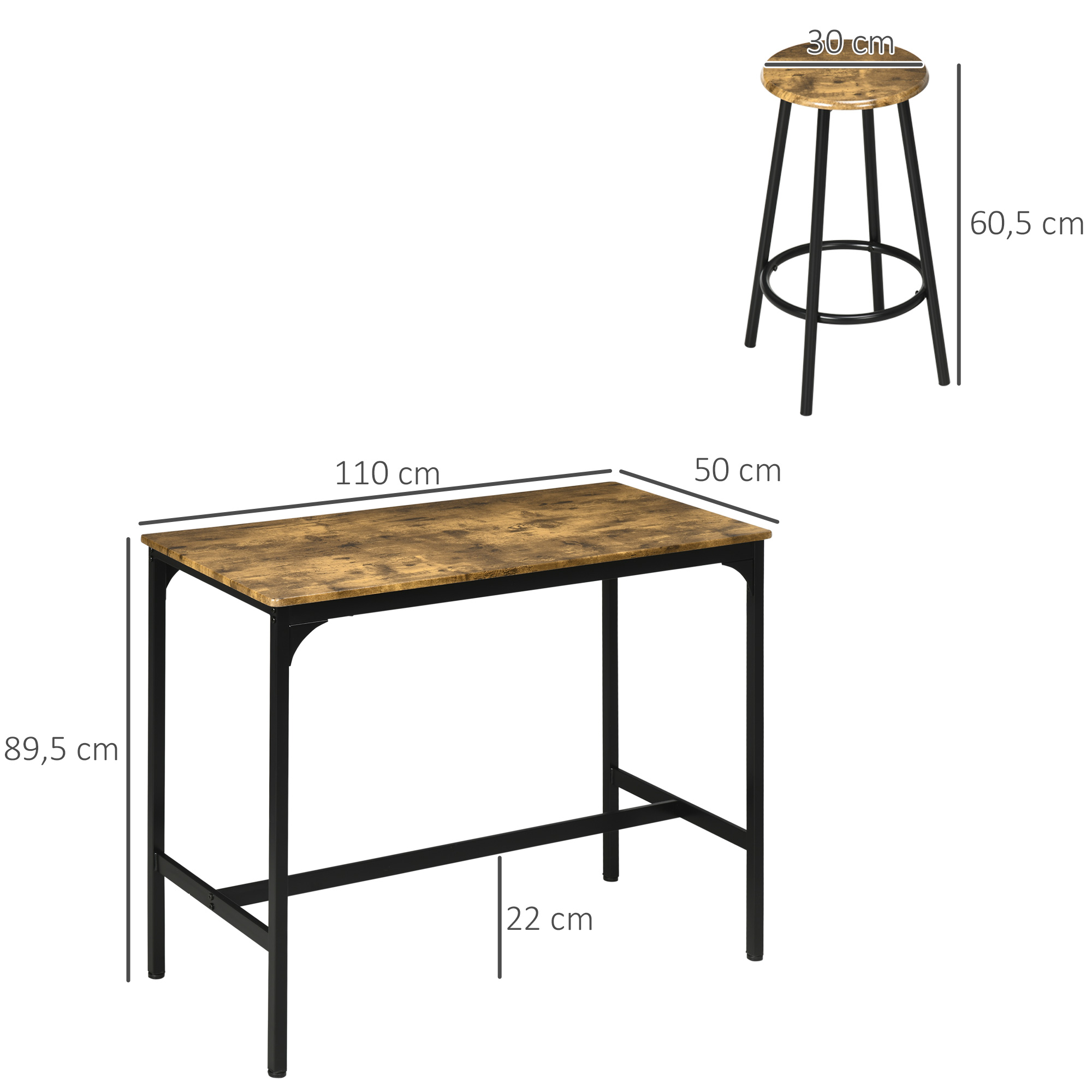 5-tlg. Bartisch-Set im Industriedesign, 1 Bartisch, 4 Barhocker, Sitzgruppe, Küchentresen, Schwarz + Braun