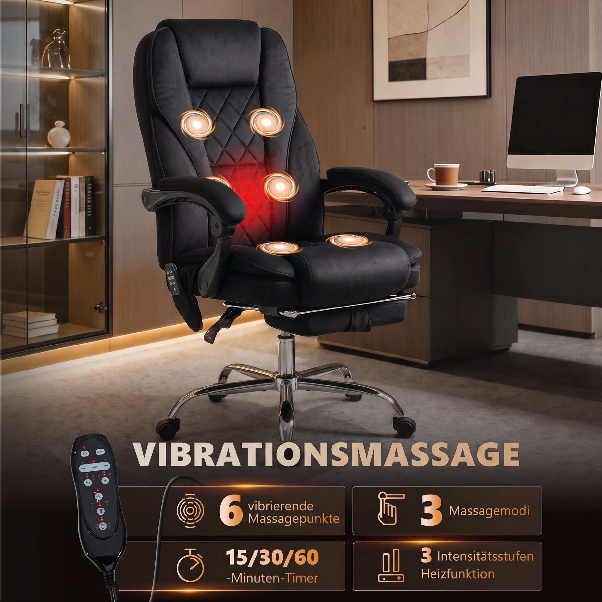 Ergonomischer Bürostuhl mit Massagefunktion, Fußstütze, drehbar, rollbar, Schwarz