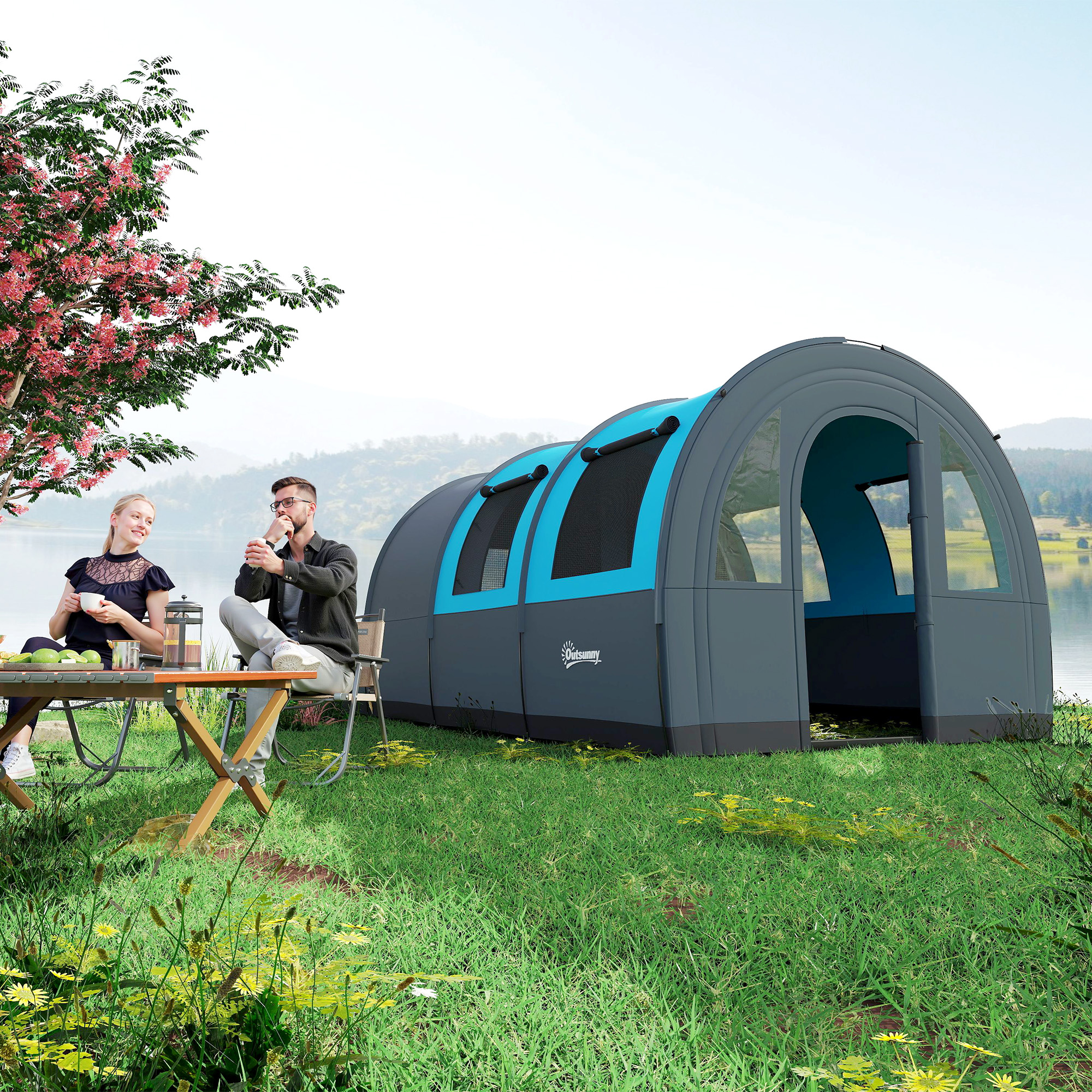 Campingzelt bis 6 Pers., Familienzelt, separate Bereiche, wasserdicht, Grau/Blau