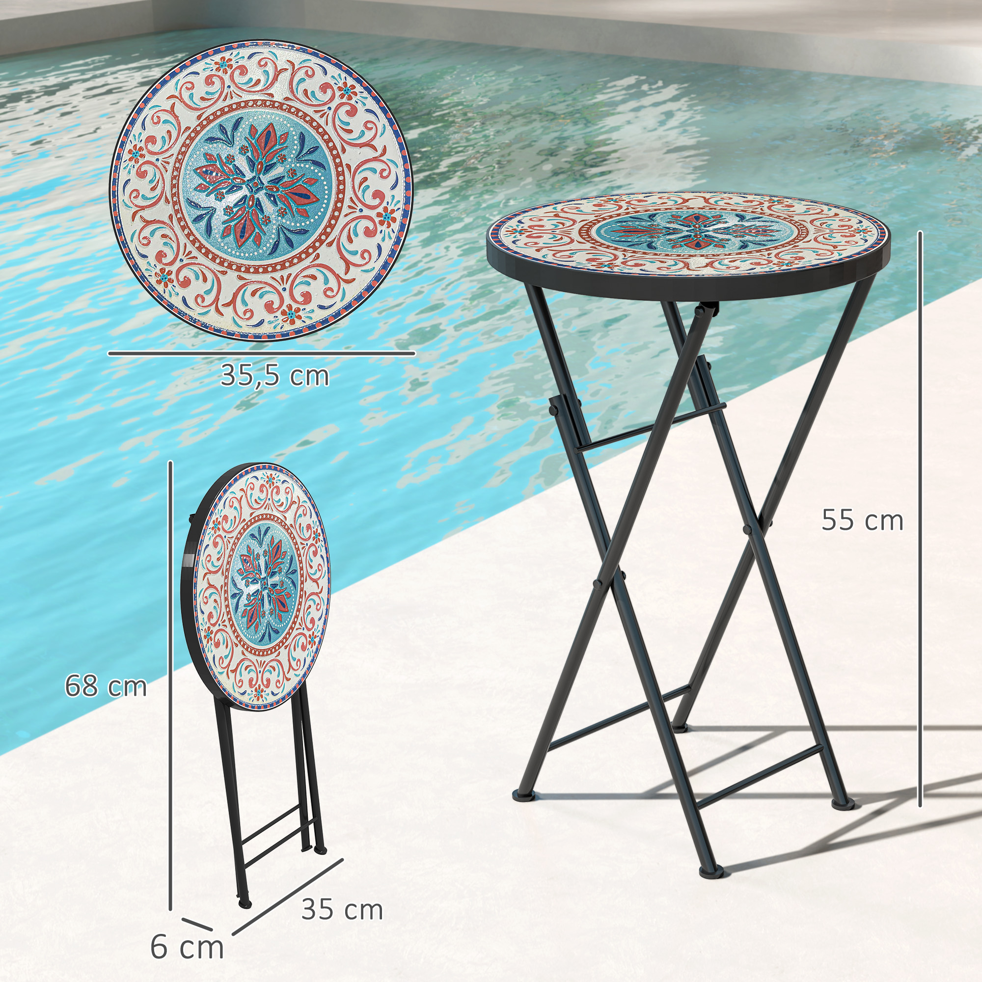 Mosaik-Gartentisch, Faltbarer runder Terrassentisch mit Metallrahmen und Keramik-Tischplatte, Mosaik-Muster, Mehrfarbig