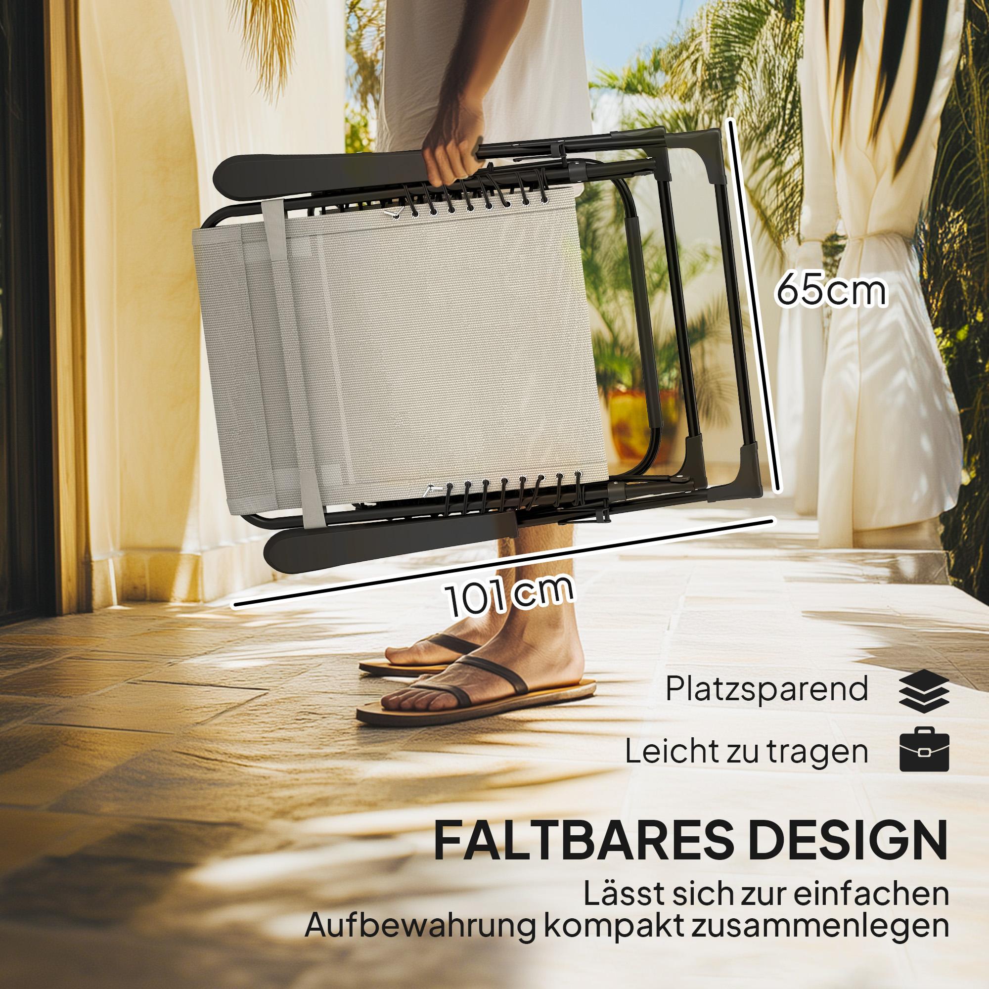 Sonnenliege klappbar Gartenliege mit Kopfkissen, 5-Fach verstellbare Rückenlehne bis 120 kg belastbar Beige