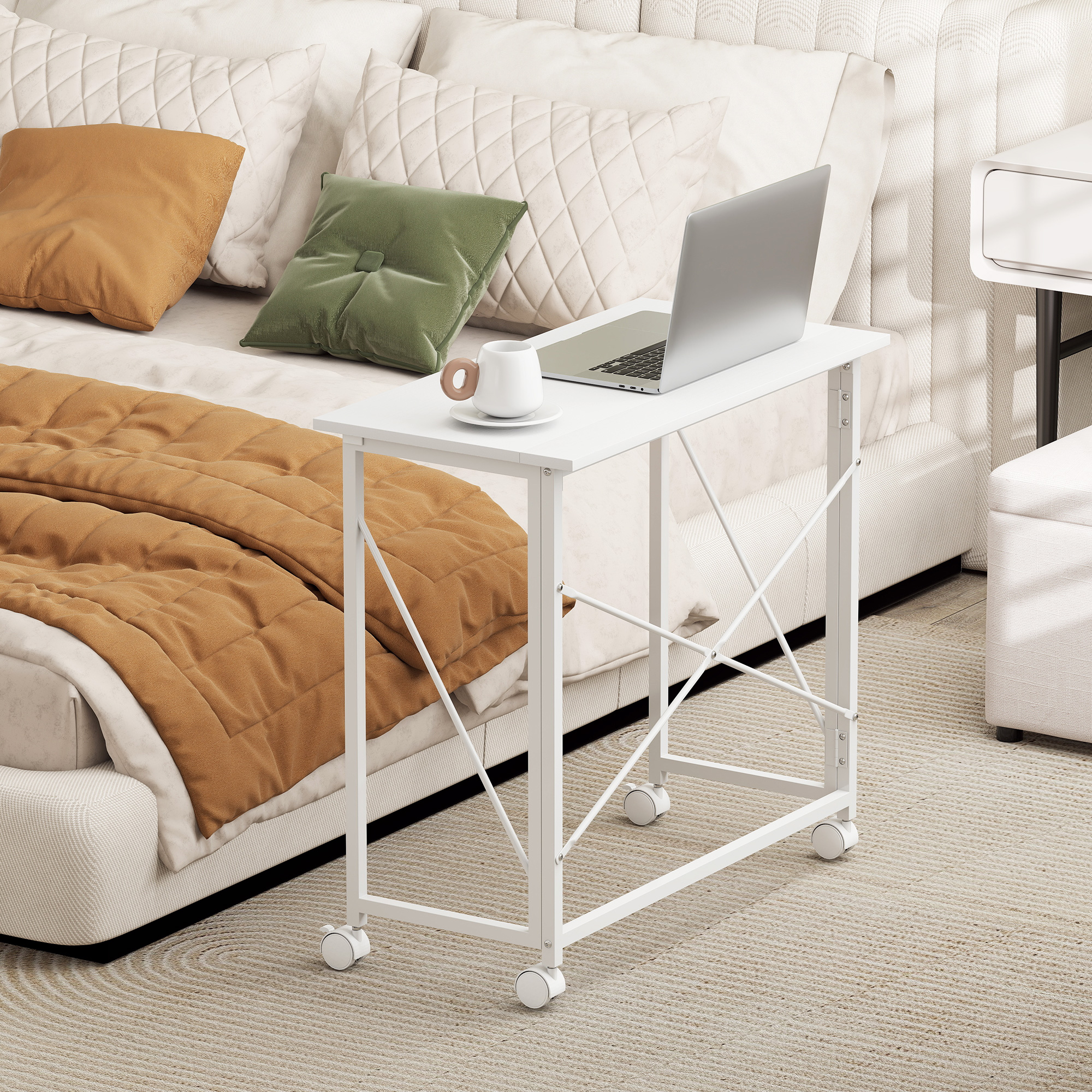 Schreibtisch mit Rollen, faltbarer Bürotisch mit Stahlgestell für Arbeitszimmer Schlafzimmer 80 x 40 x 75 cm Weiß