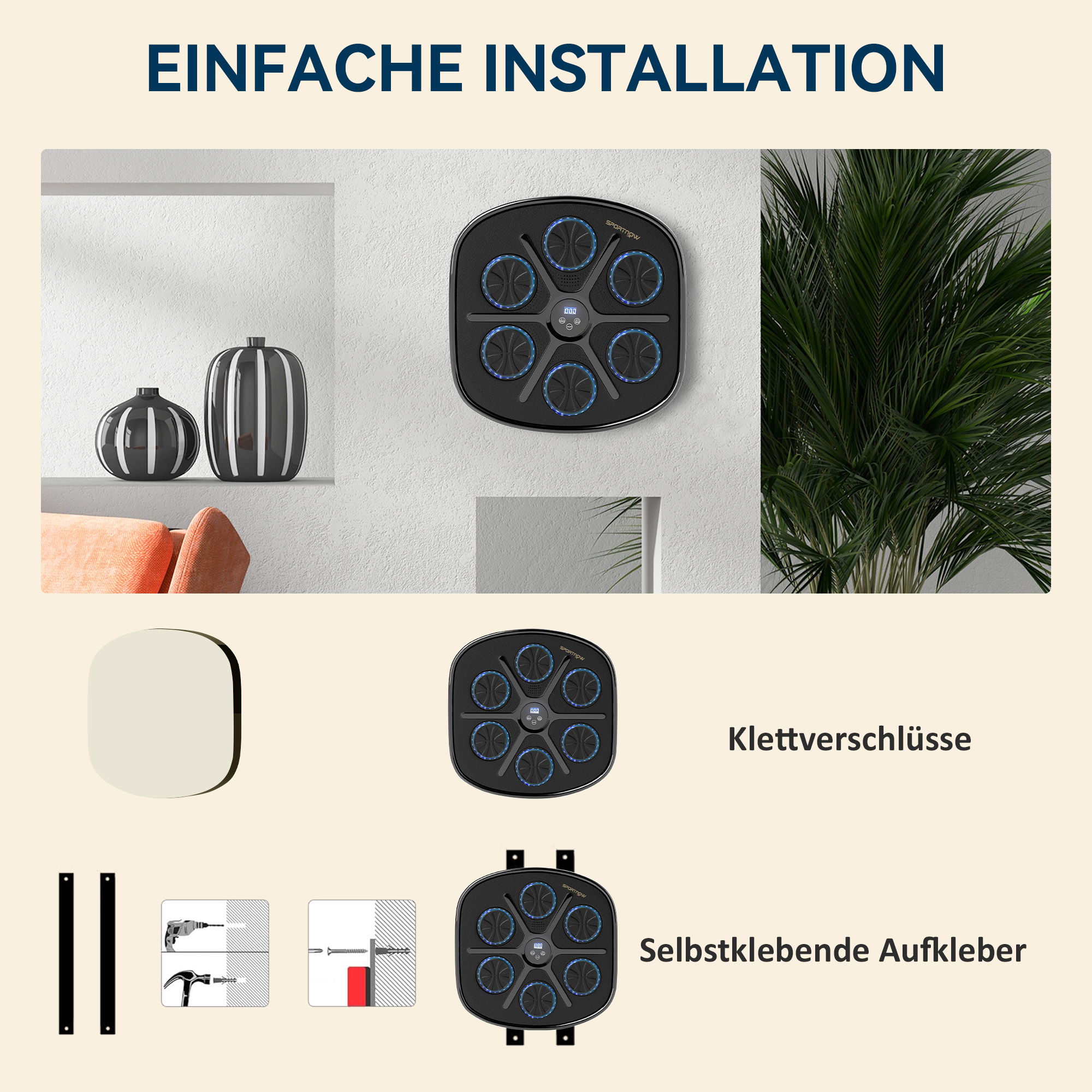 Musik-Boxmaschine, Rhythmisches Boxgerät, 9 Modi, Bluetooth, LED-Lichter, mit Boxhandschuhen, Schwarz