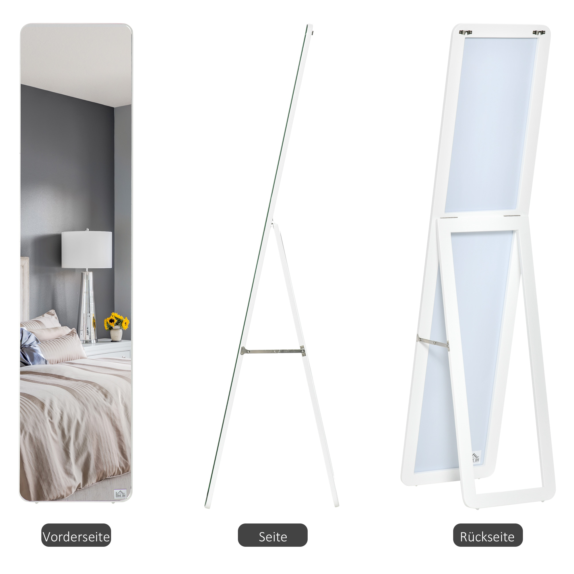 Standspiegel Ganzkörperspiegel mit klappbaren Rahmen Schminkspiegel frei stehend oder an der Wand montiert stabil für Wohnzimmer oder Ankleidezimmer Kiefernholz MDF Weiß 37 x 43 x 156 cm
