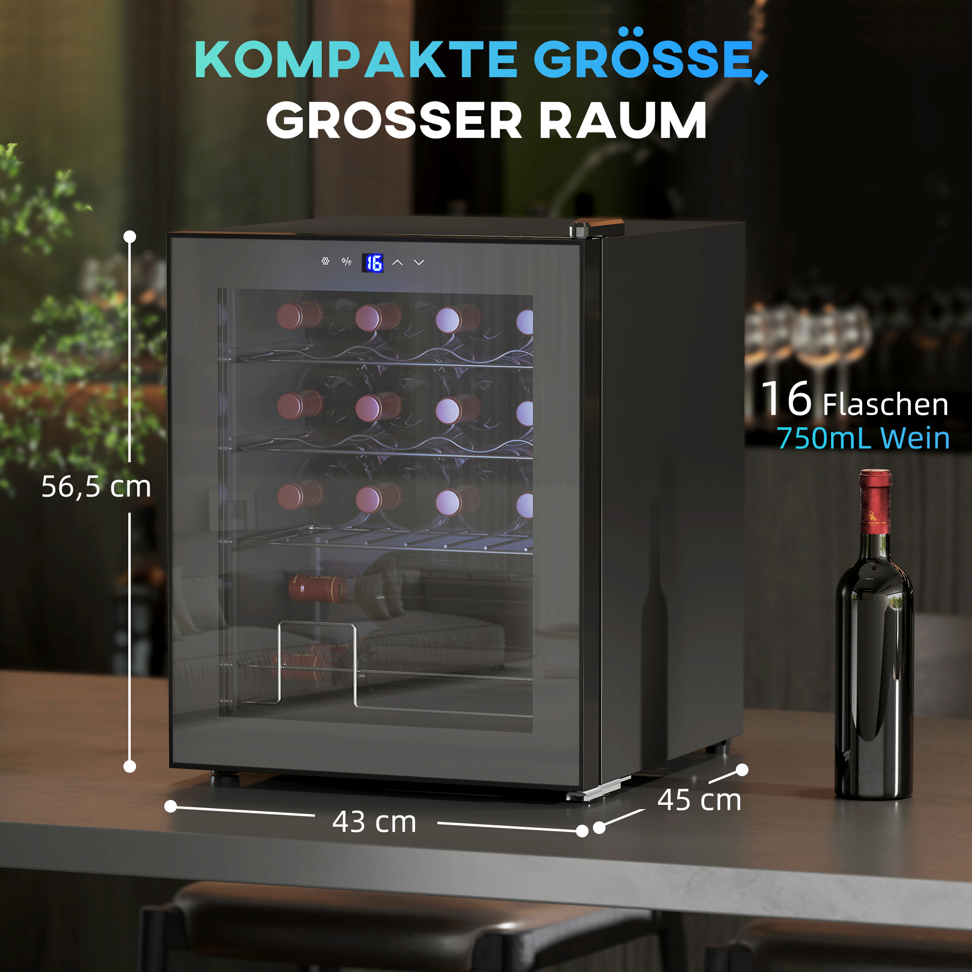 Freistehender Weinkühlschrank, 16 Flaschen, für Hausbar, Wohnzimmer, Küche Touchscreen, Glastür, LED-Beleuchtung