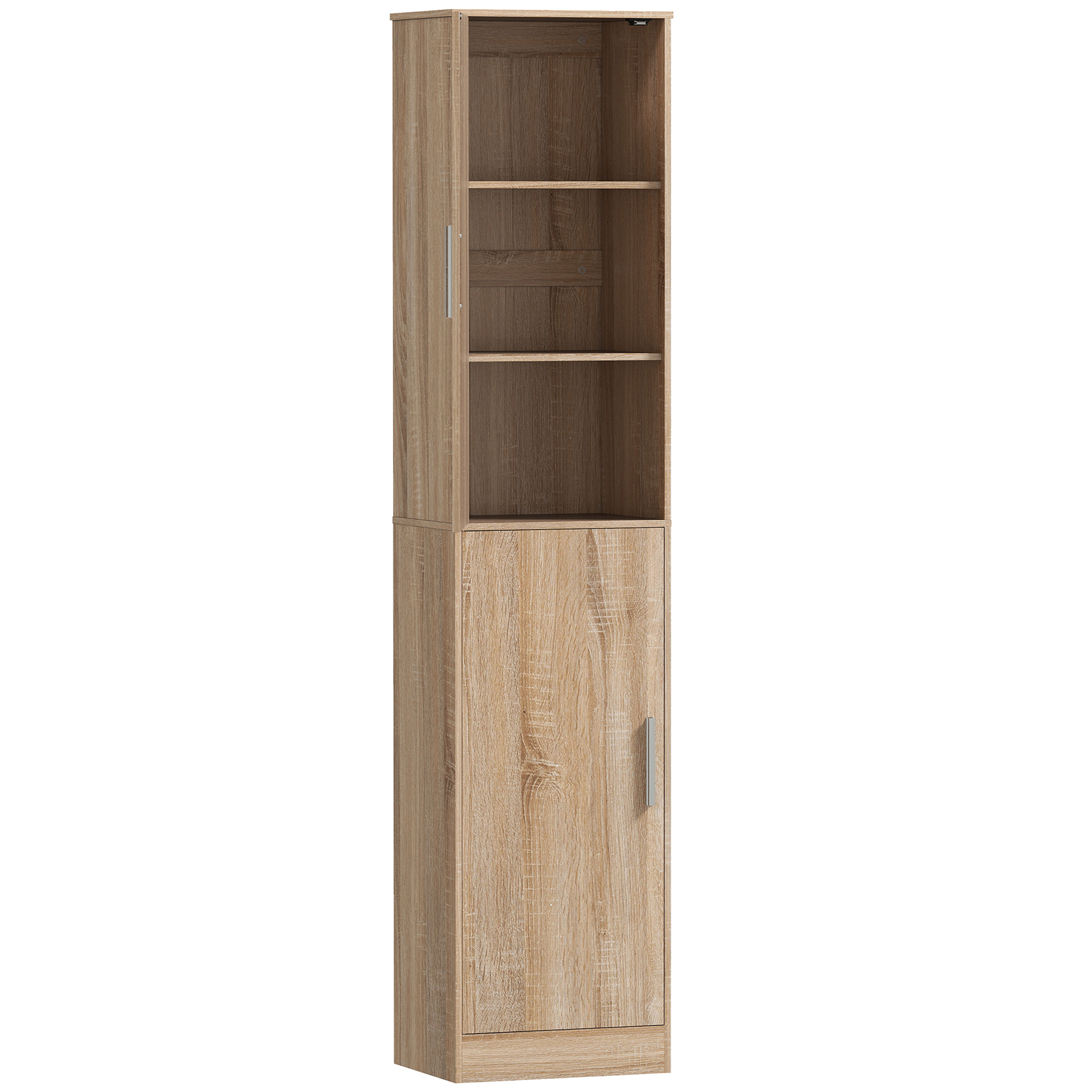 180 cm hoher Badezimmerschrank, schmaler Badschrank mit 2 Türen, 4 verstellbare Regale, Spanplatte, MDF, Naturholz
