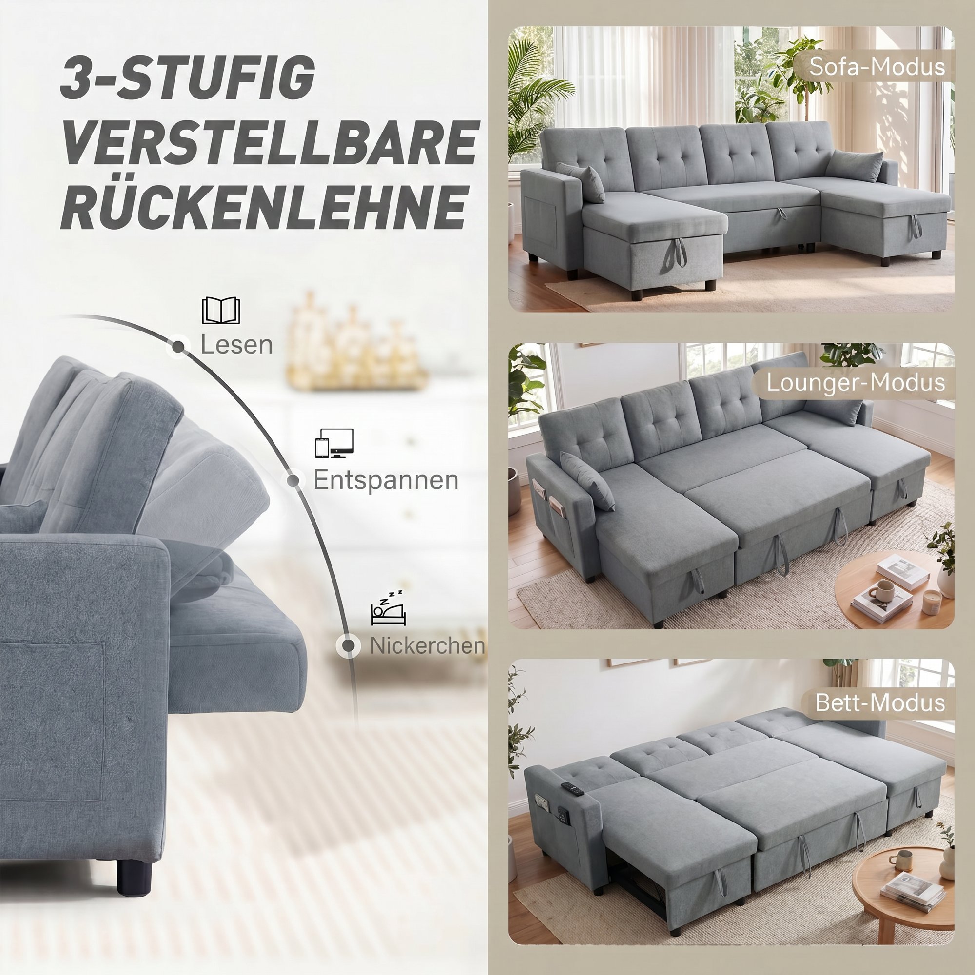 Ecksofa mit Schlaffunktion und Bettkasten U-Form 4-Sitzer Sofa mit Chaiselongue, verstellbarer Rückenlehne, Leinenoptik