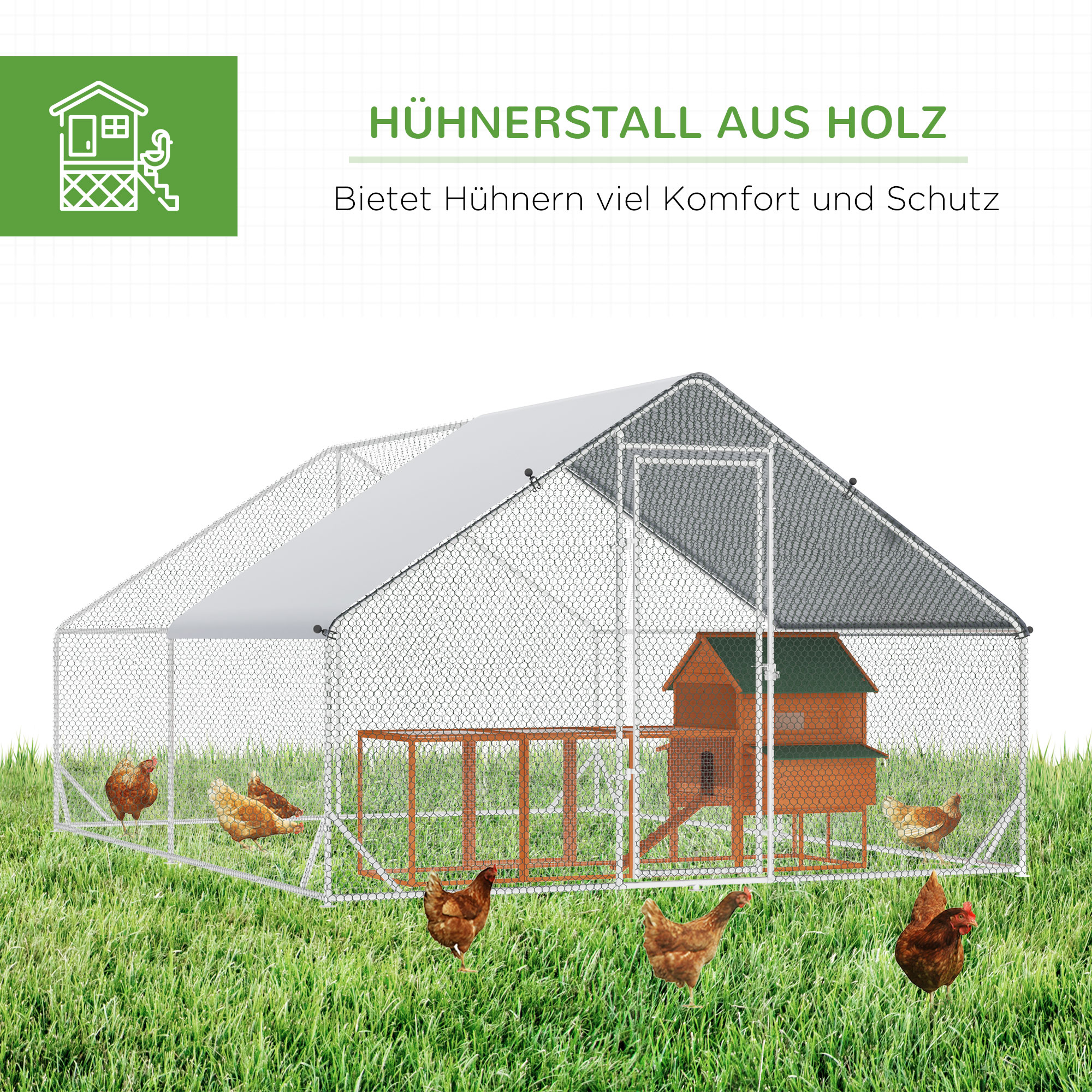 Hühnerstall, Freilaufgehege, Geflügelstall mit Schattendach, Freigehege für 4-6 Hühner, Enten Kaninchen, 3 x 2 x 2 m
