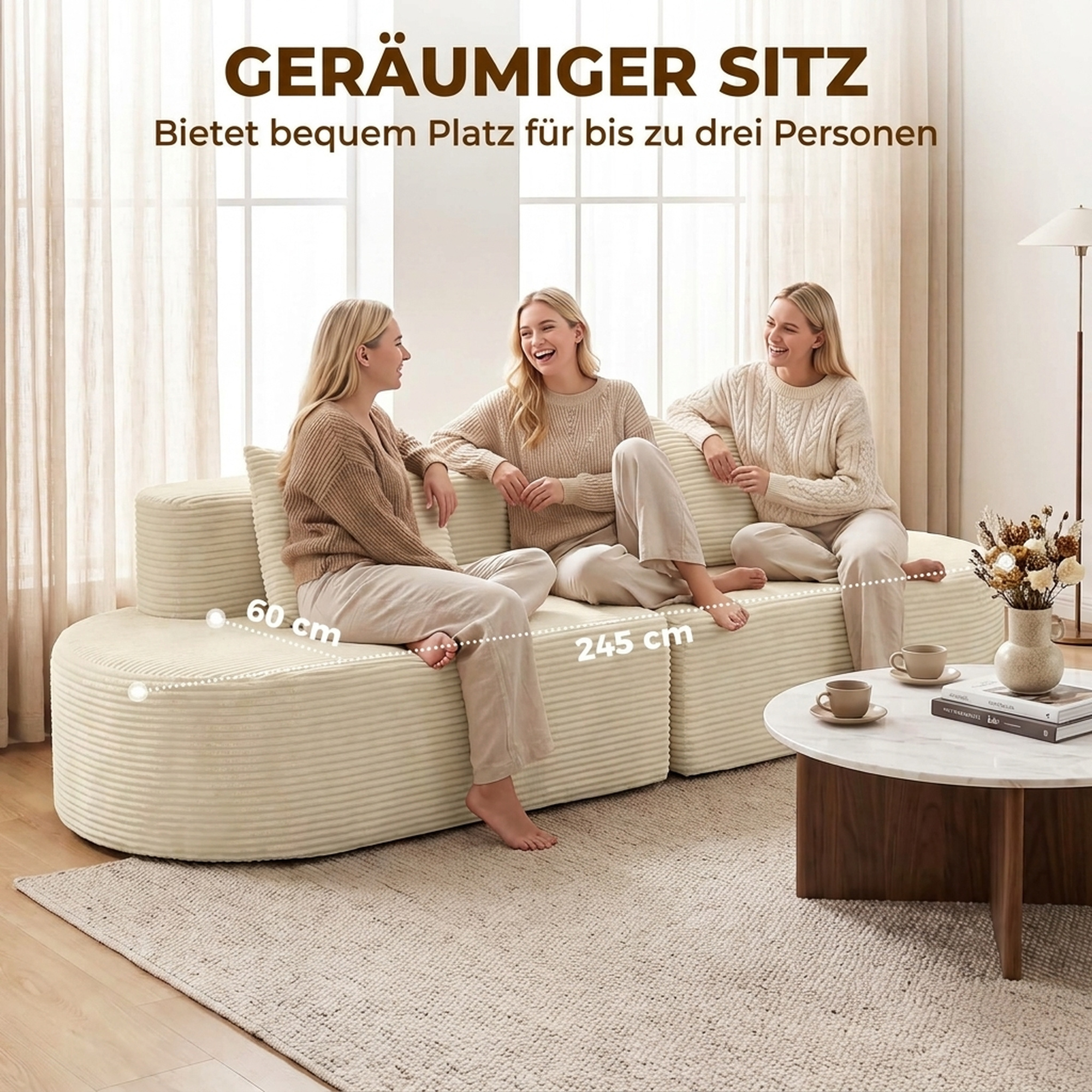 3-Sitzer-Sofa, modulares Cloud-Sofa ohne festen Rahmen, breite & tiefe Sitzfläche, Federpolsterung, Kordbezug, Beige