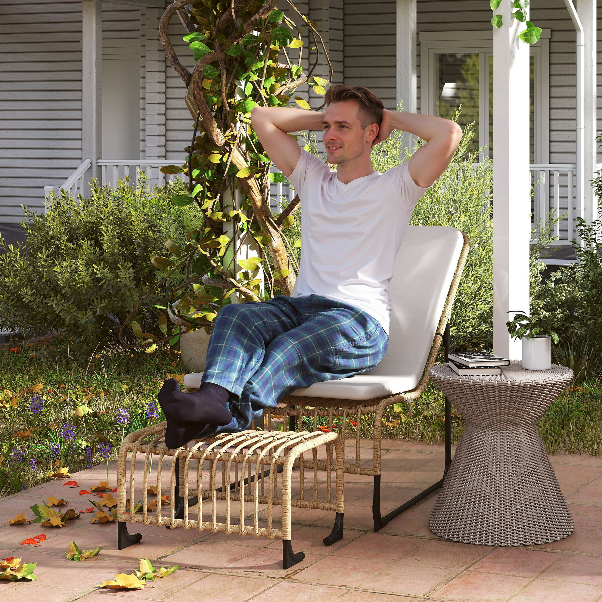 Rattan Relaxsessel mit Fußhocker UV-beständig Gartensessel mit Kissen Bänder 65 x 93 x 80 cm Naturholz