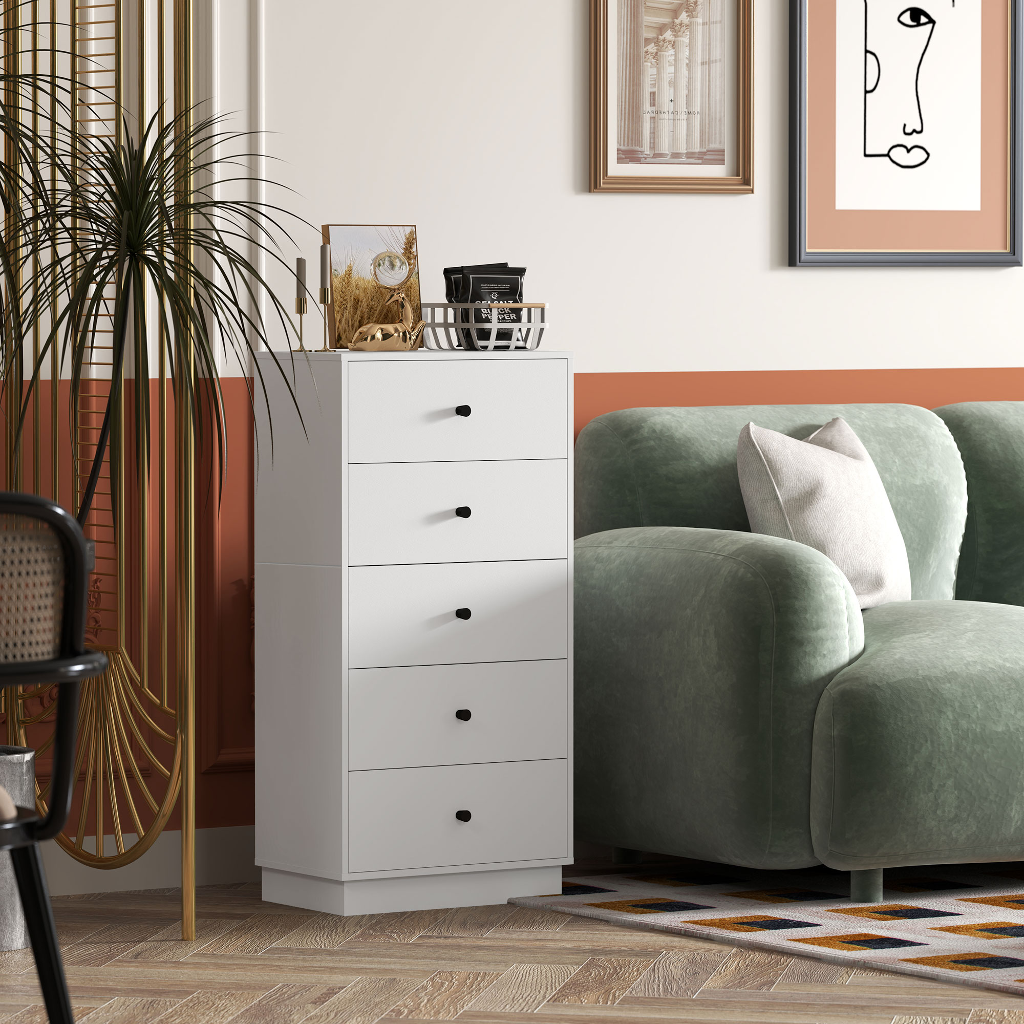Kommode Sideboard mit 5 Schubladen Schrank aus Holzwerkstoff im Modern Stil 47 x 29 x 95 cm Weiß
