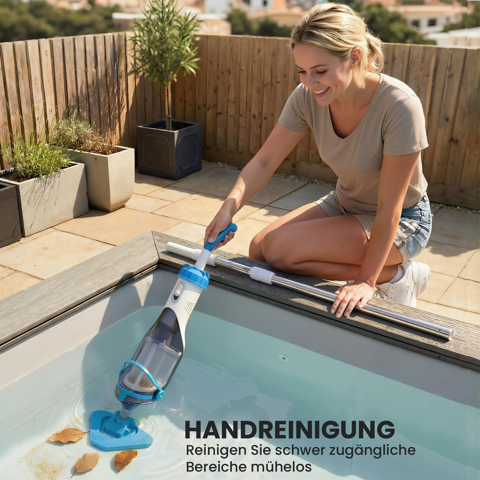 Poolreiniger, kabelloser Poolstaubsauger mit 63-150 cm verstellbarem Stiel und Bürste für kleine Pools, Whirlpools und Teiche
