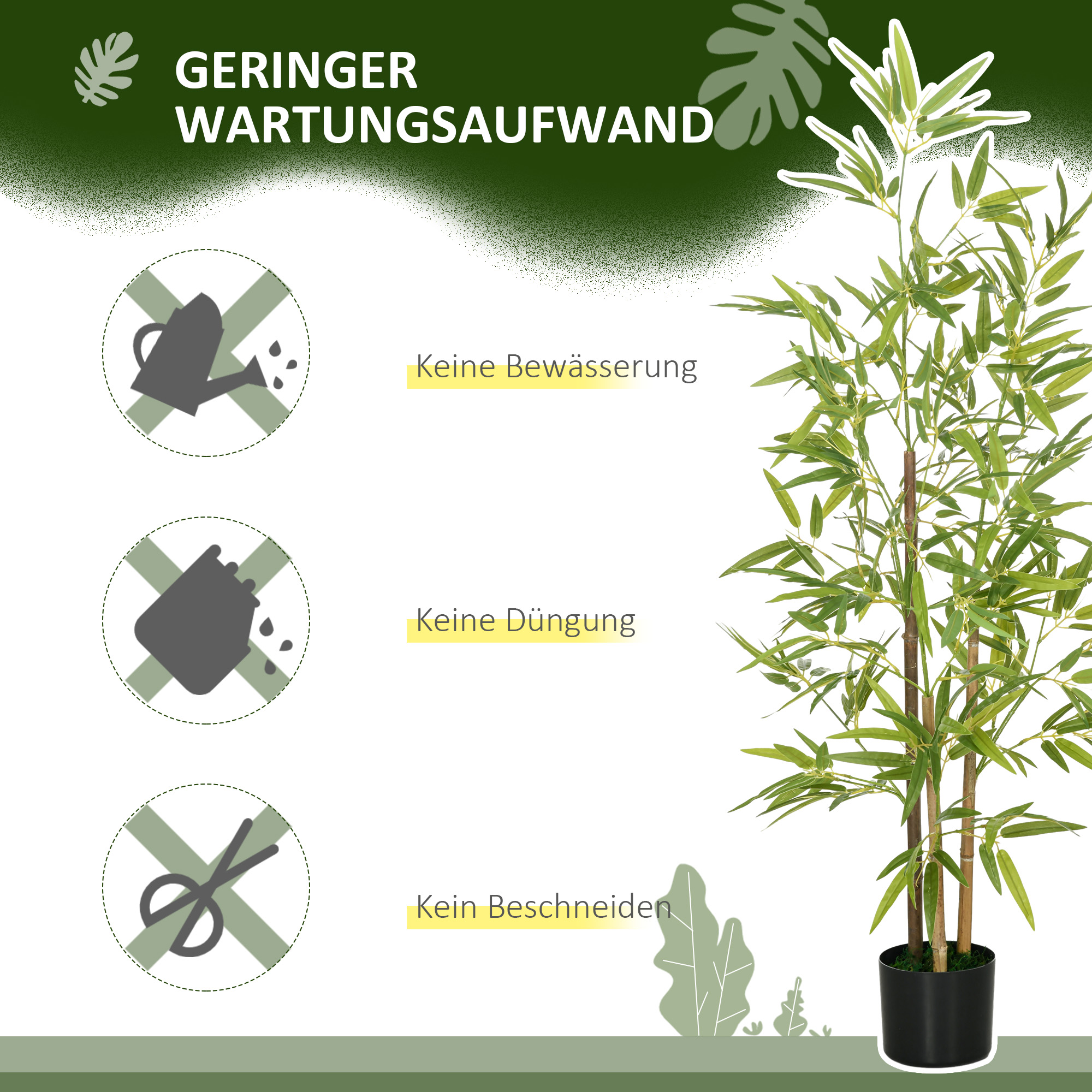 Bambus-Kunstbaum 2er-Set, 3 Stämme, pflegeleicht, 120 cm, Zementtopf, Grün