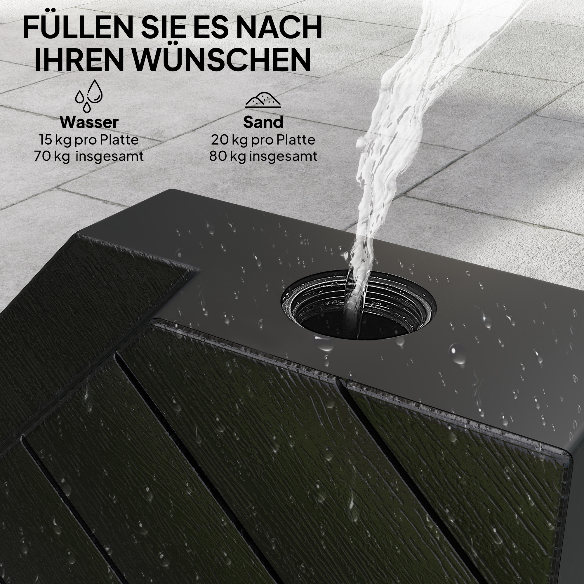 Basisgewichte für Sonnenschirmständer, mit Wasser und Sand befüllbar, Kunststoff, 80L x 80B x 13H cm, Schwarz