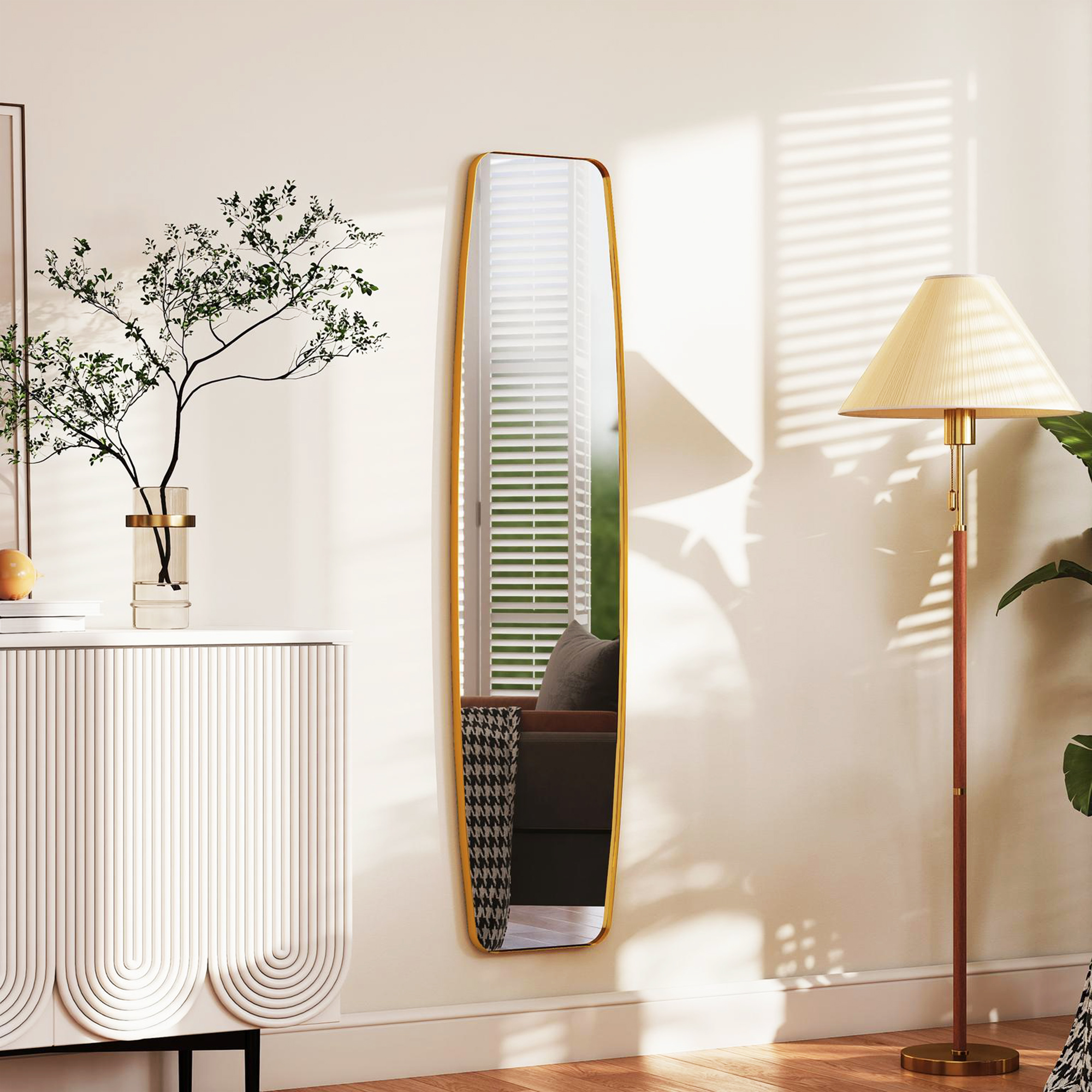 Wandspiegel Fenster Spiegel mit Metallrahmen Dekorativer Hängespiegel Flurspiegel, 160 x 40 x 3 cm, Gold