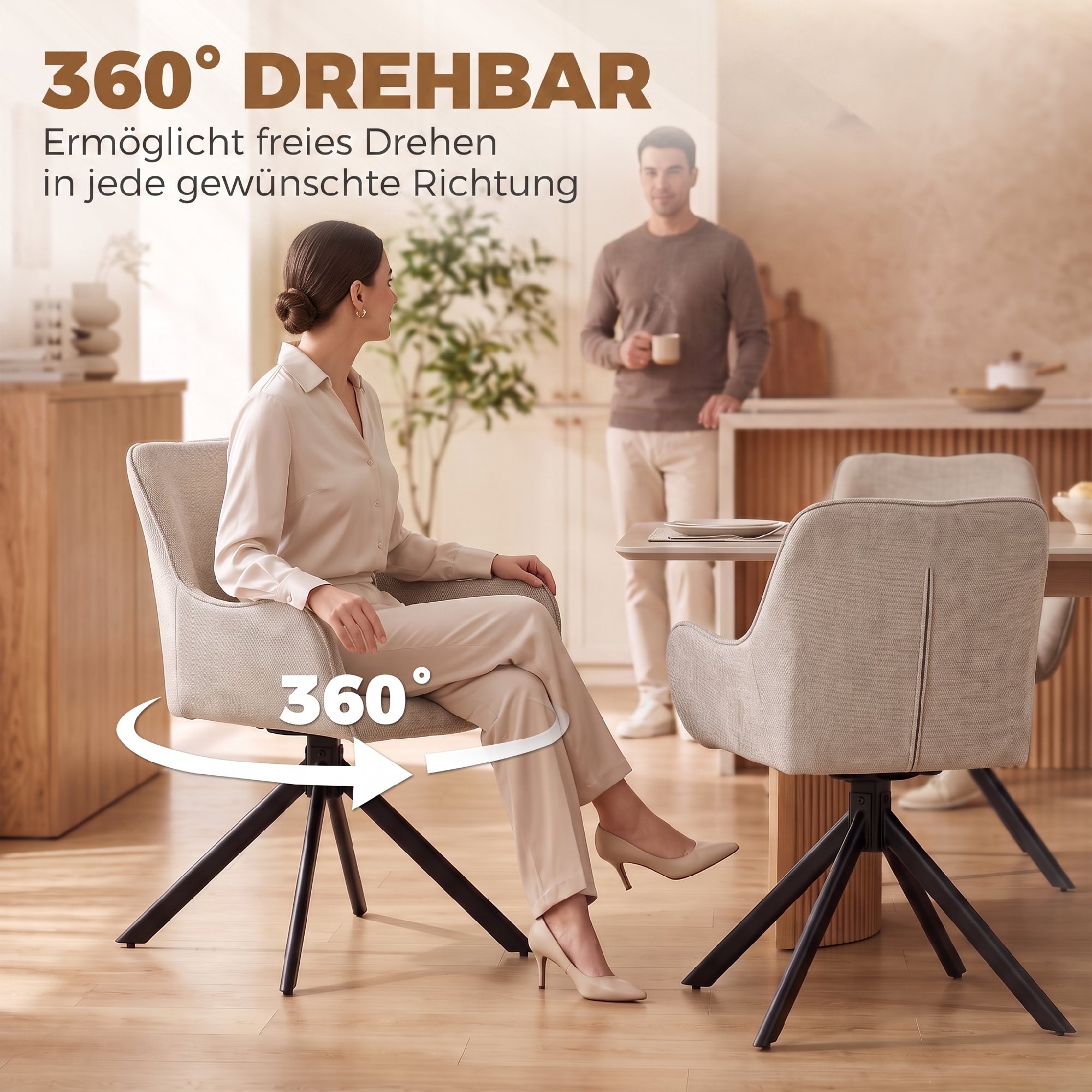 Esszimmerstühle 2er-Set, Drehbarer Küchenstuhl mit Armlehnen, Metallrahmen für Wohnzimmer, Esszimmer, Beige