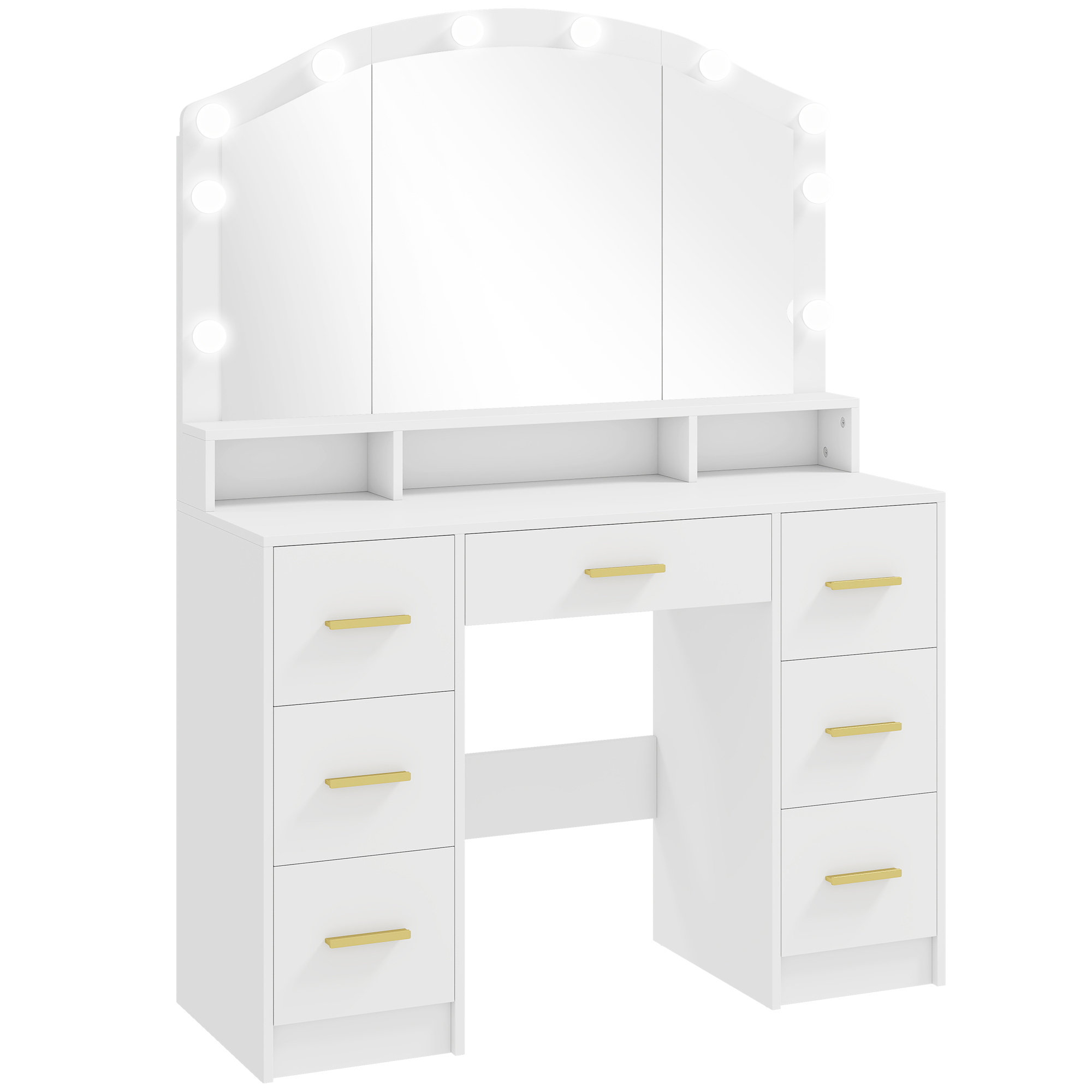Schminktisch mit 10 LED-Hollywood-Lampen, Spiegel, 7 Schubladen, 3 Fächer, MDF, Weiß