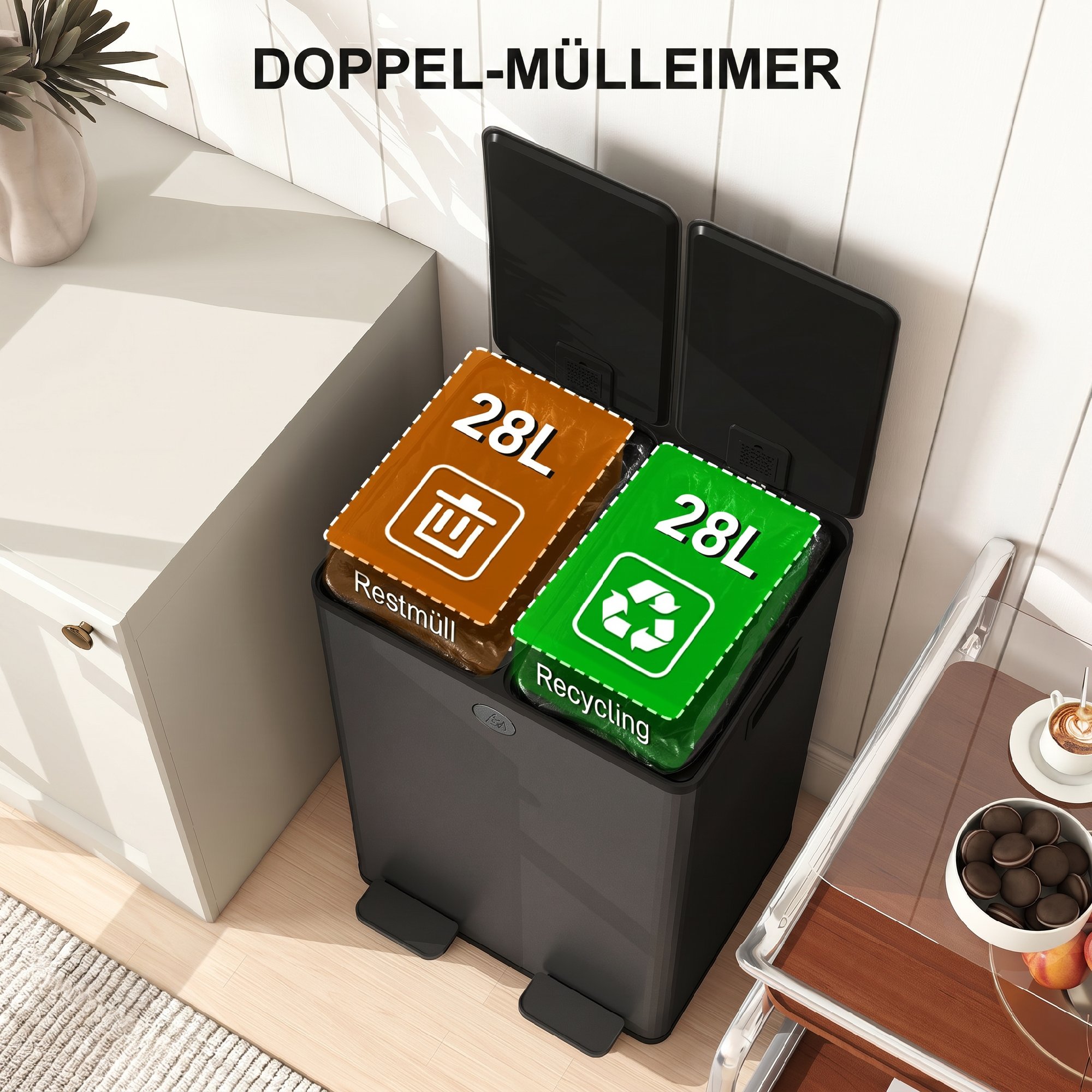 2 x 28 L Doppelmülleimer, Pedalöffnung, leicht zu reinigen, Edelstahl, Kunststoff, Schwarz