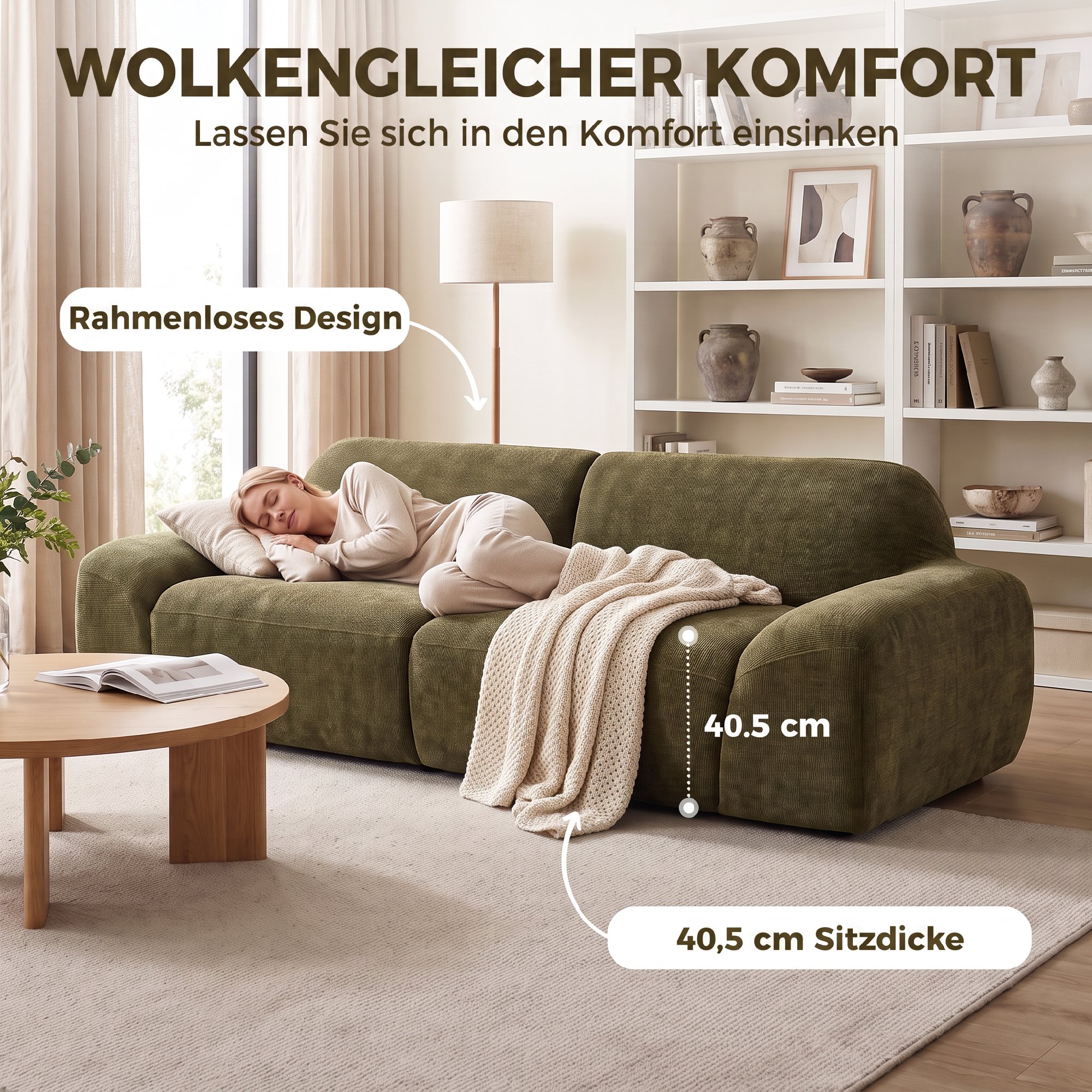 3-Sitzer-Sofa, abgerundet und rahmenlos, mit großzügiger Sitzfläche, dick gepolstert, keine Montage, Dunkelgrün