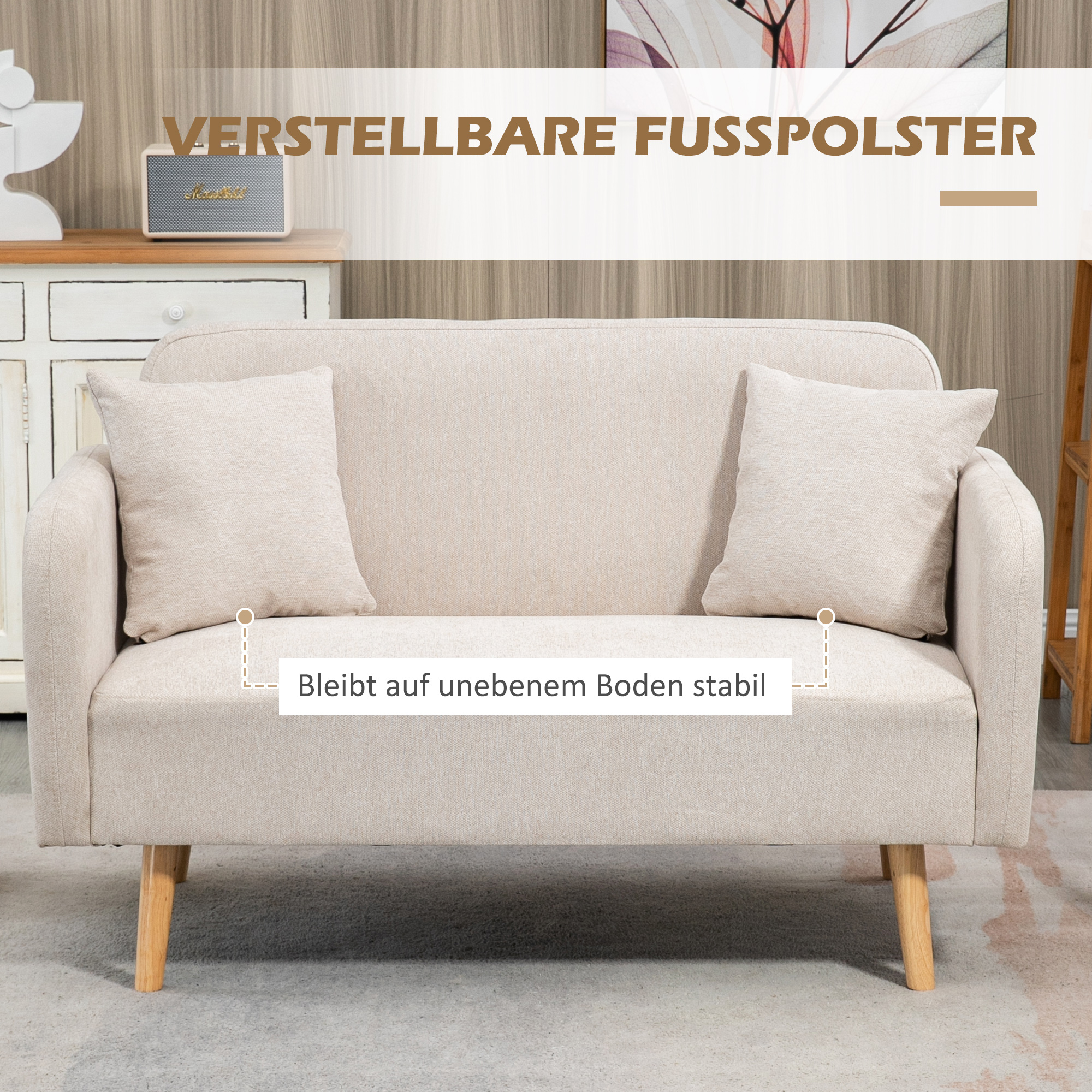 2er-Sofa Sofa Couch, Modern-Design, inkl. 2 Kissen, Holzbeine, 130 x 70 x 80 cm, Creme
