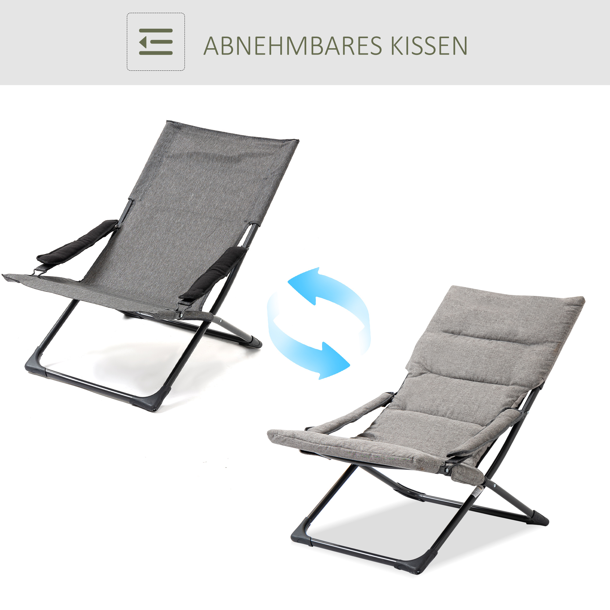 Gartenstuhl aus Metall Klappstuhl mit Auflage abnehmbar wetterfest klappbar Campingstuhl Liegestuhl 120kg Belastbarkeit Sitzmöbel für Garten Terrasse Balkon 66B x 94T x 79H cm Grau