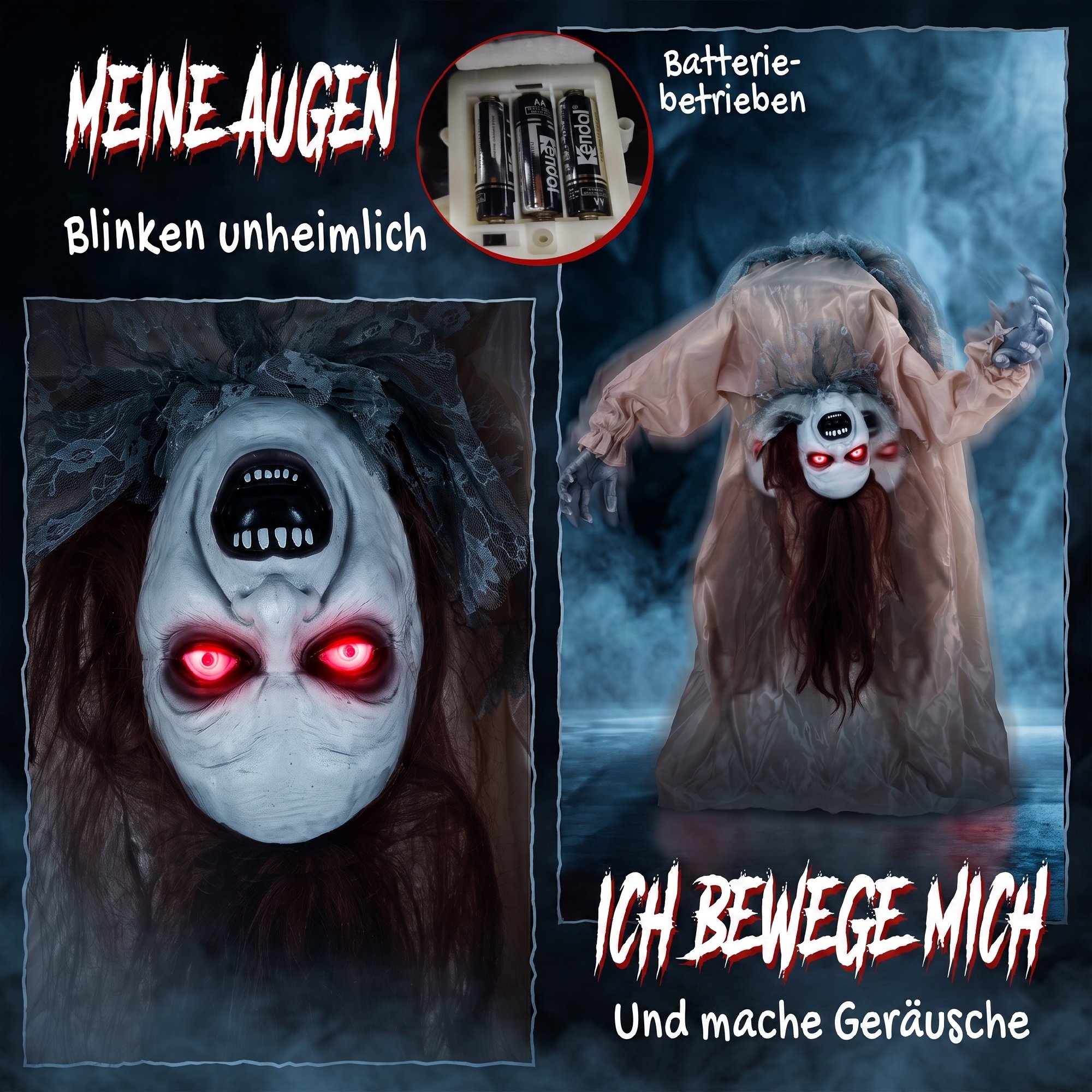 animierter Halloween-Geist mit gruseligen Schreien, leuchtenden Augen, per Geräusch/Berührung aktiviert