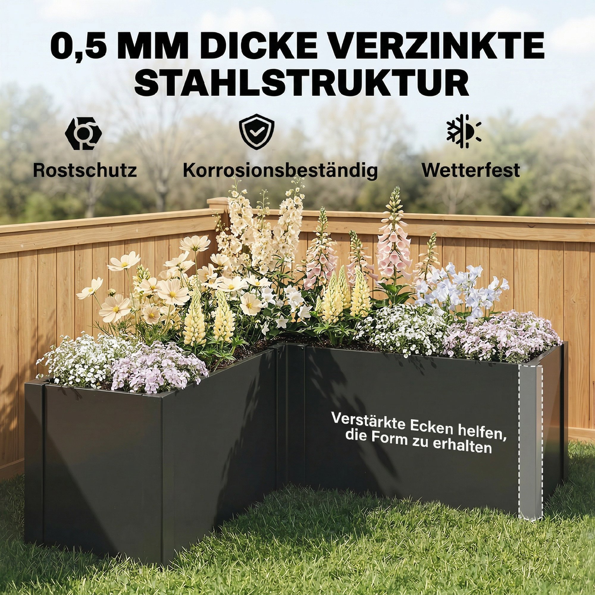 Hochbeet L-förmig Blumenhochbeet witterungsbeständig, Pflanzbeet Frühbeet aus Verzinkter Stahl 150 x 150 x 55 cm Schwarz