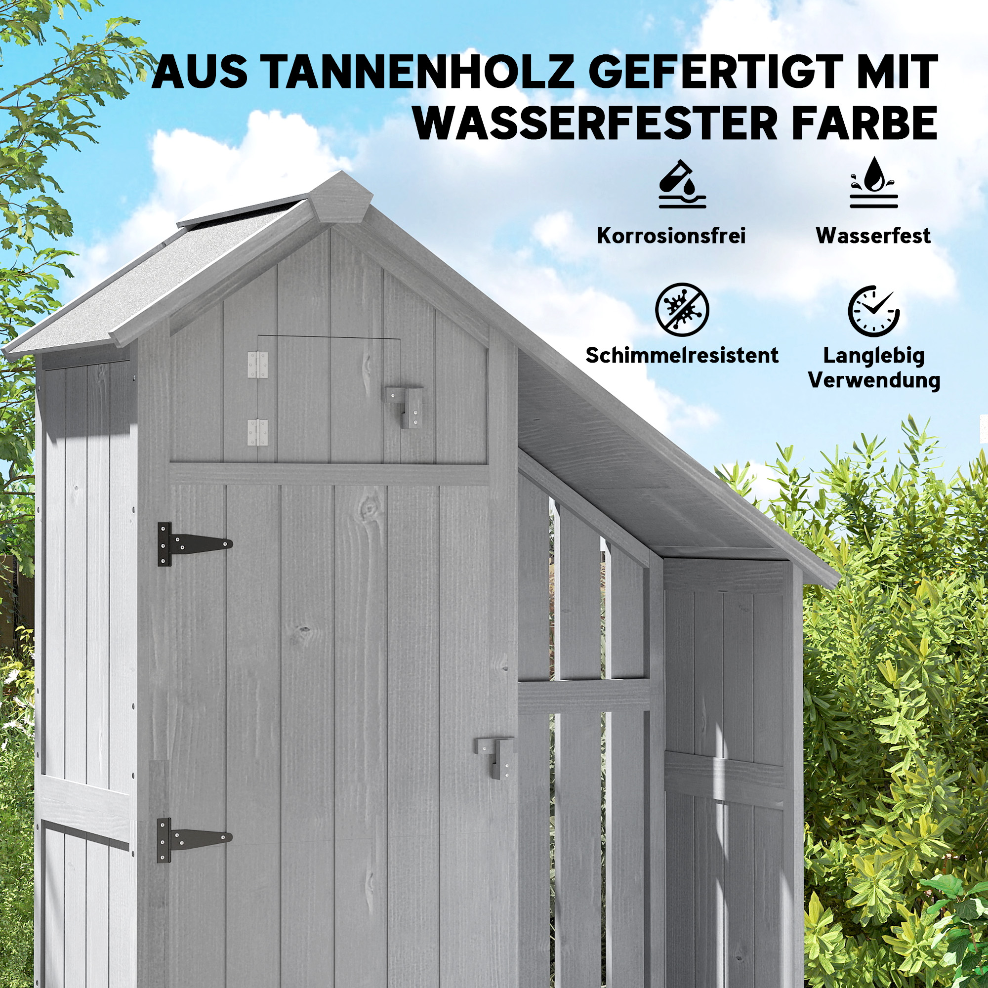 Gartenschrank Holz Outdoor wetterfest Geräteschuppen mit Asphaltdach Einlegeboden 129 x 51,5 x 180 cm Grau