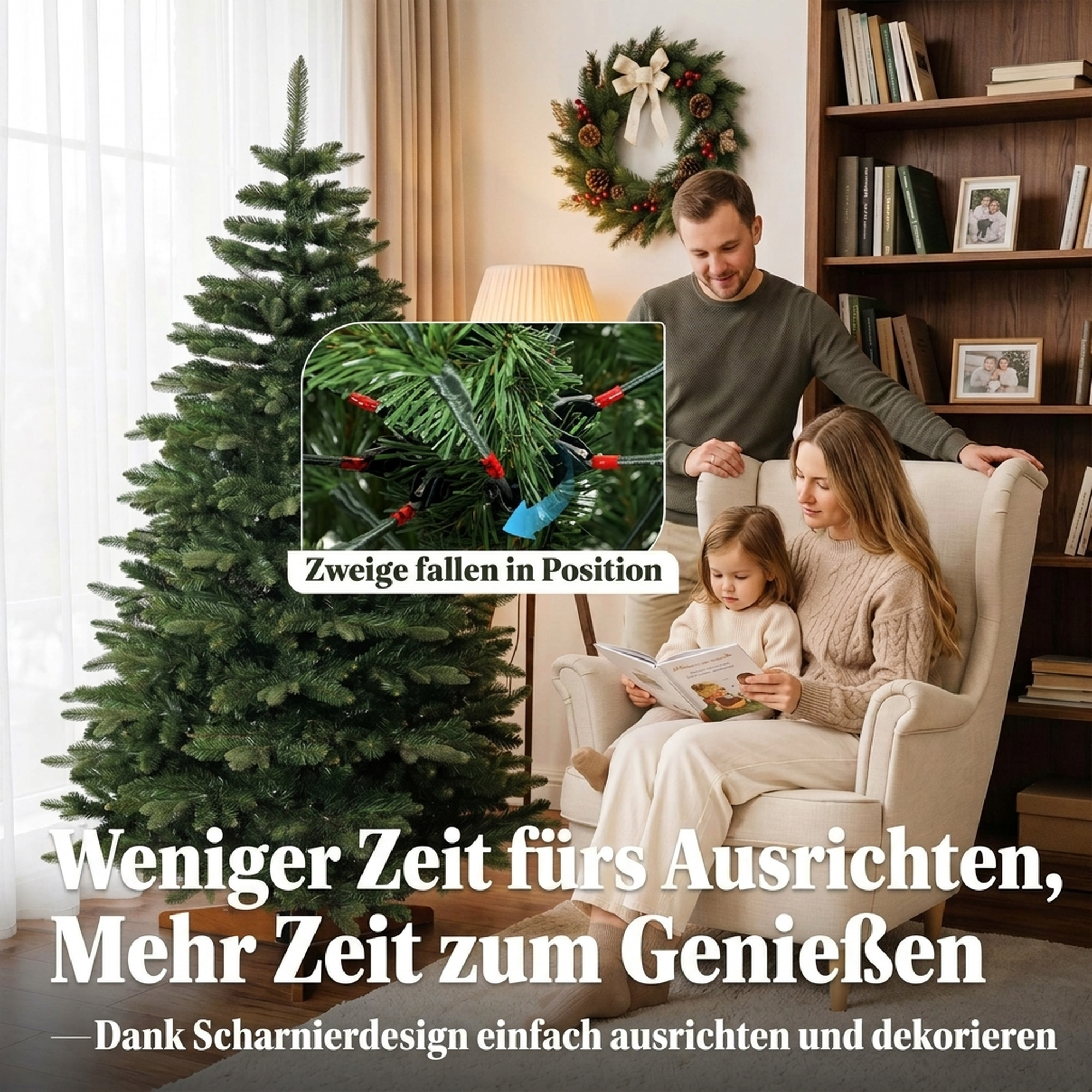 künstlicher Weihnachtsbaum 180 cm, Edeltanne, voll mit Klappästen, 961 Spitzen, faltbarer Holzständer, Grün