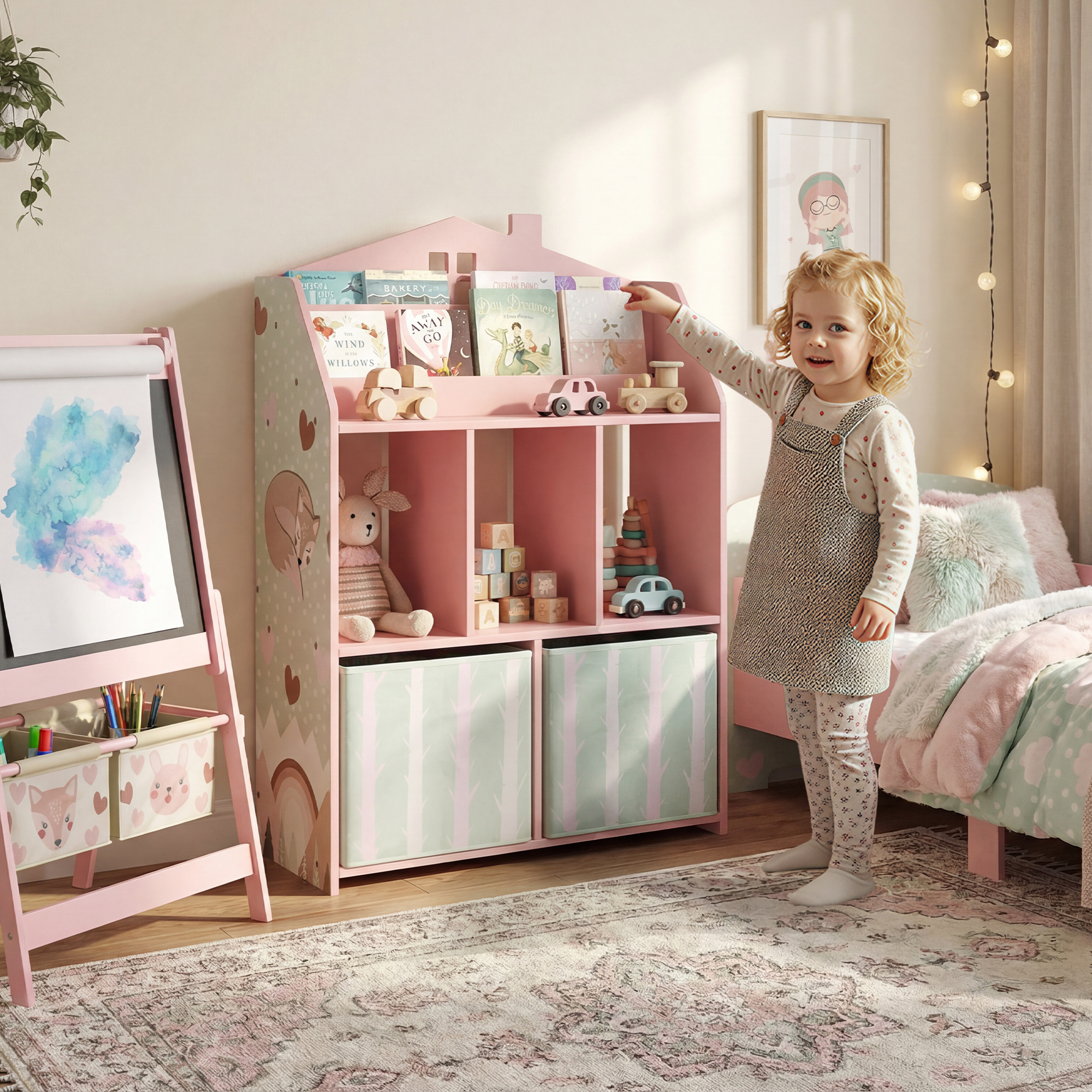 Kinderregal Bücherregal Kinder mit 2 Stoffschubladen offen Regal für 3-8 Jahre 62,5x30x91,5 cm Rosa