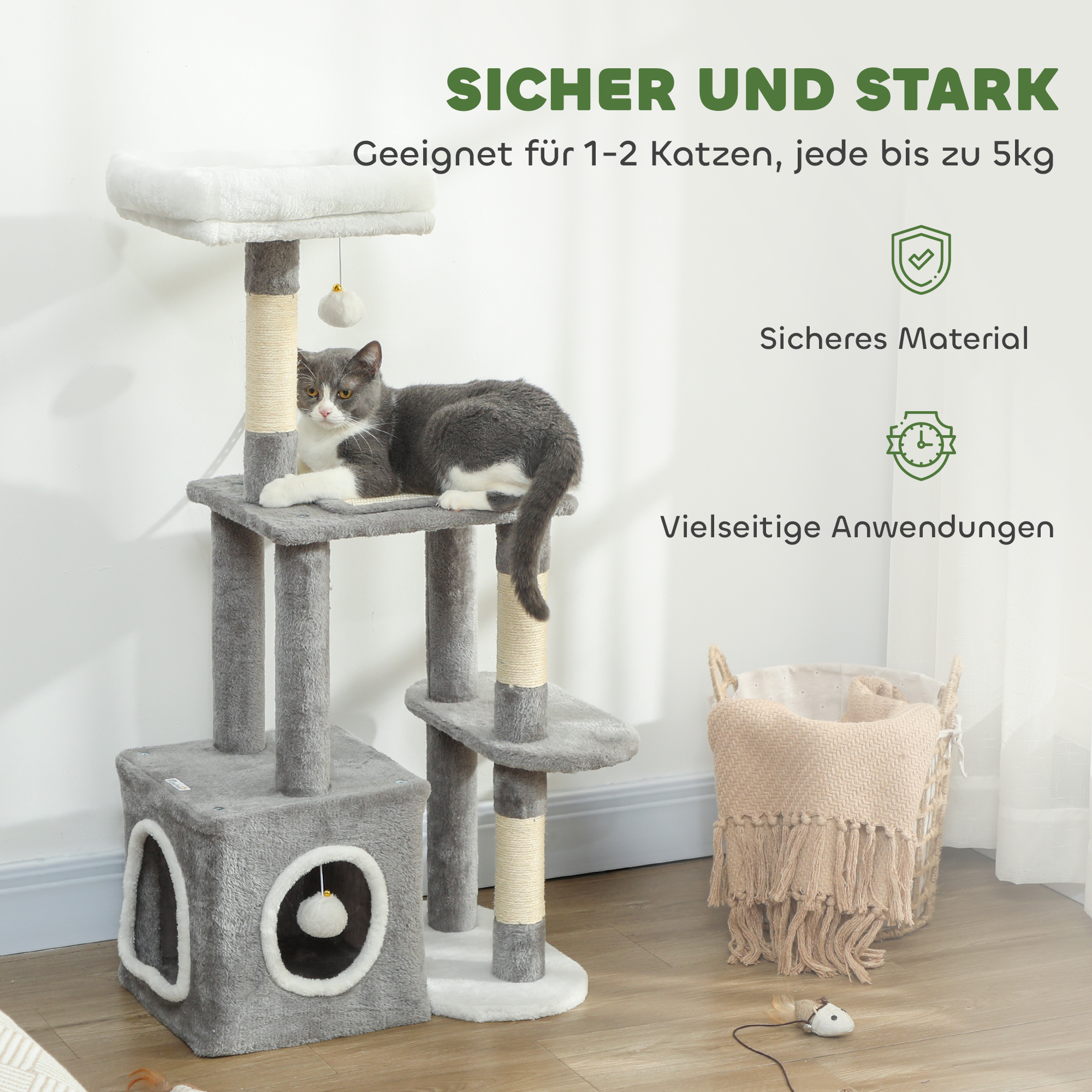 Kratzbaum 107 cm Katzenturm mit Höhle, 2 Plüschballen, Sisalstämme, große Plattform, 55x40x107 cm, Grau
