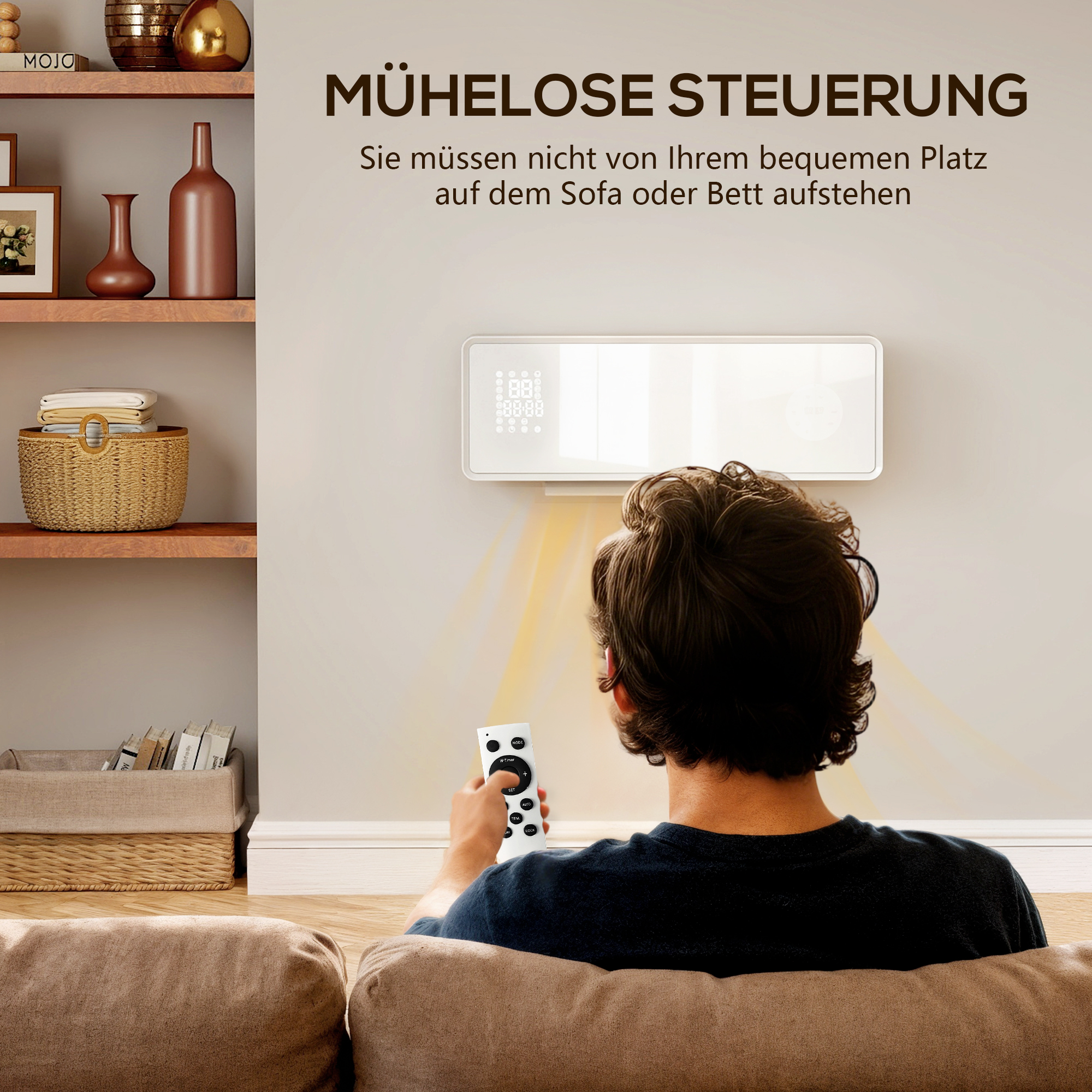 Wandmontierter 2000W Keramik Elektroheizer, Ventilator, Thermostat, Timer, Fernbedienung, Glaspaneel, Weiß