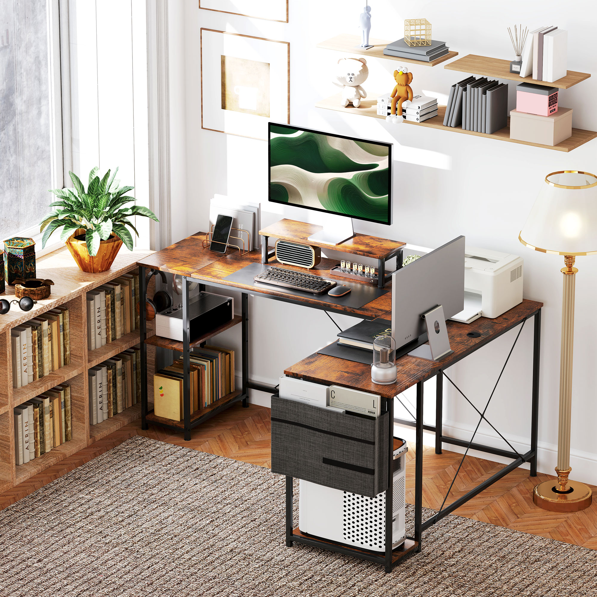 L-förmiger Schreibtisch, Vielseitiger Bürotisch mit einstellbaren Regalen und Aufbewahrungstasche, Monitorständer, Braun