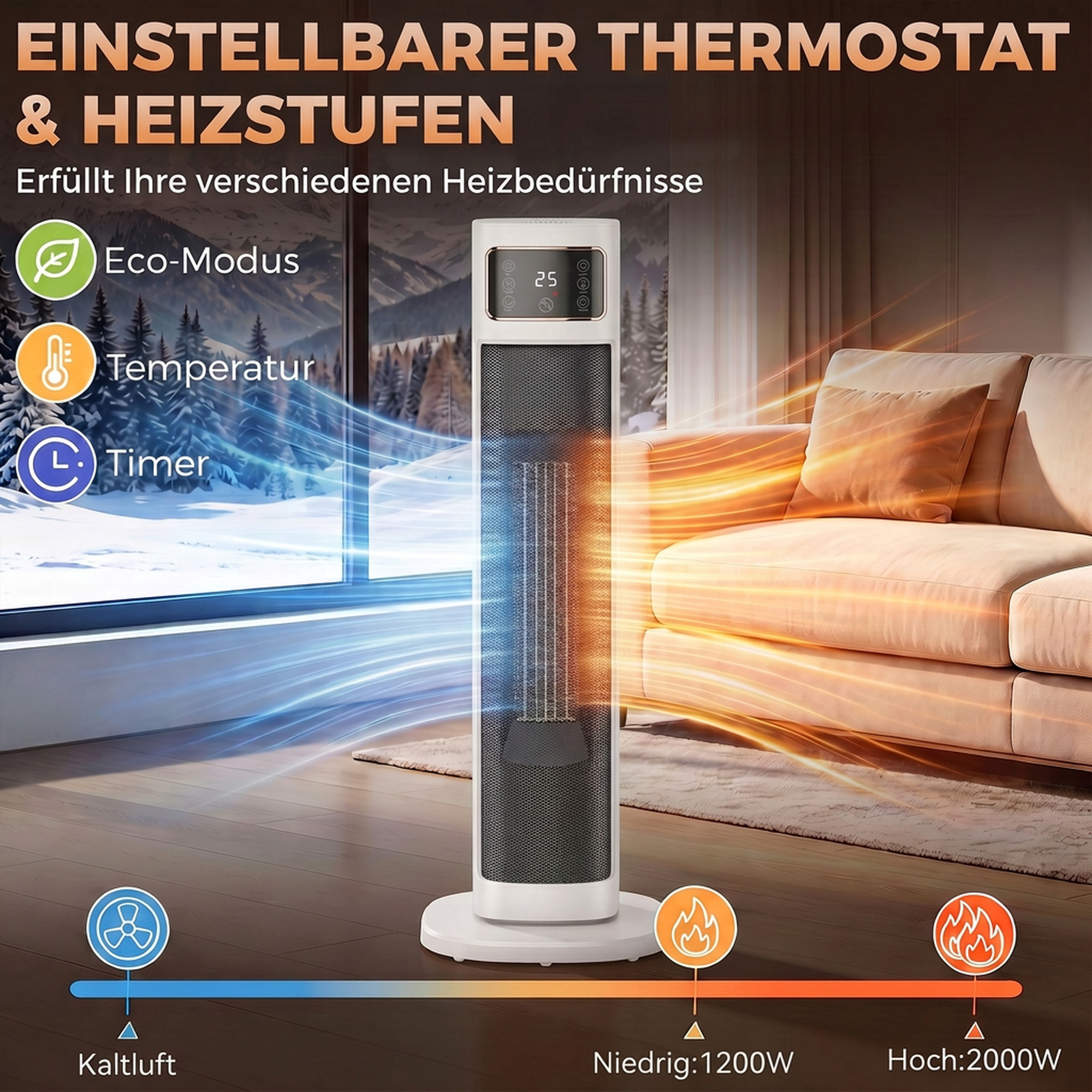 Keramik-Heizlüfter, 2.000 W, 4 Modi, Thermostat, Fernbedienung, energiesparend