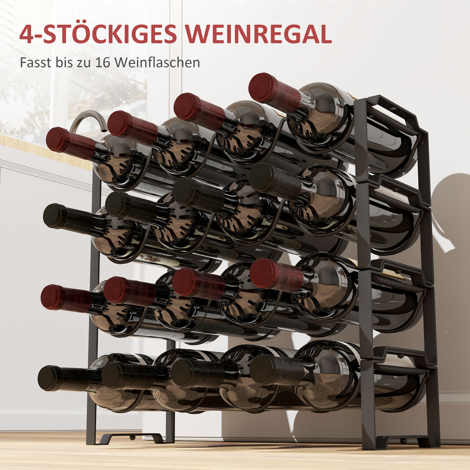 4-stufiges Weinregal, freistehendes Regal für 16 Weinflaschen, Metall, Schwarz