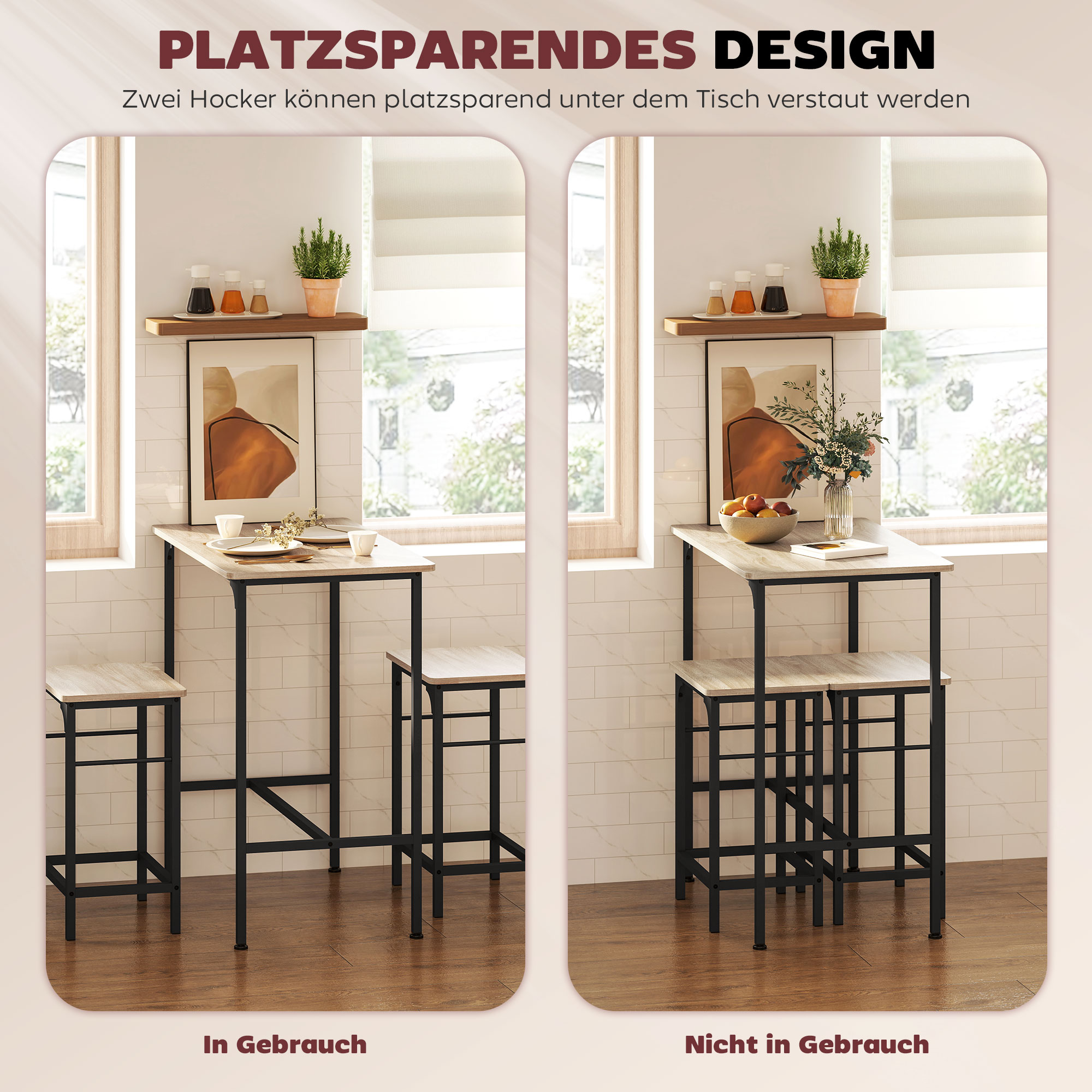 Bartisch Set Bartisch mit Barhocker-Set Esstisch mit 2 Stühlen mit Rutschfestem Fußpolster Naturholz