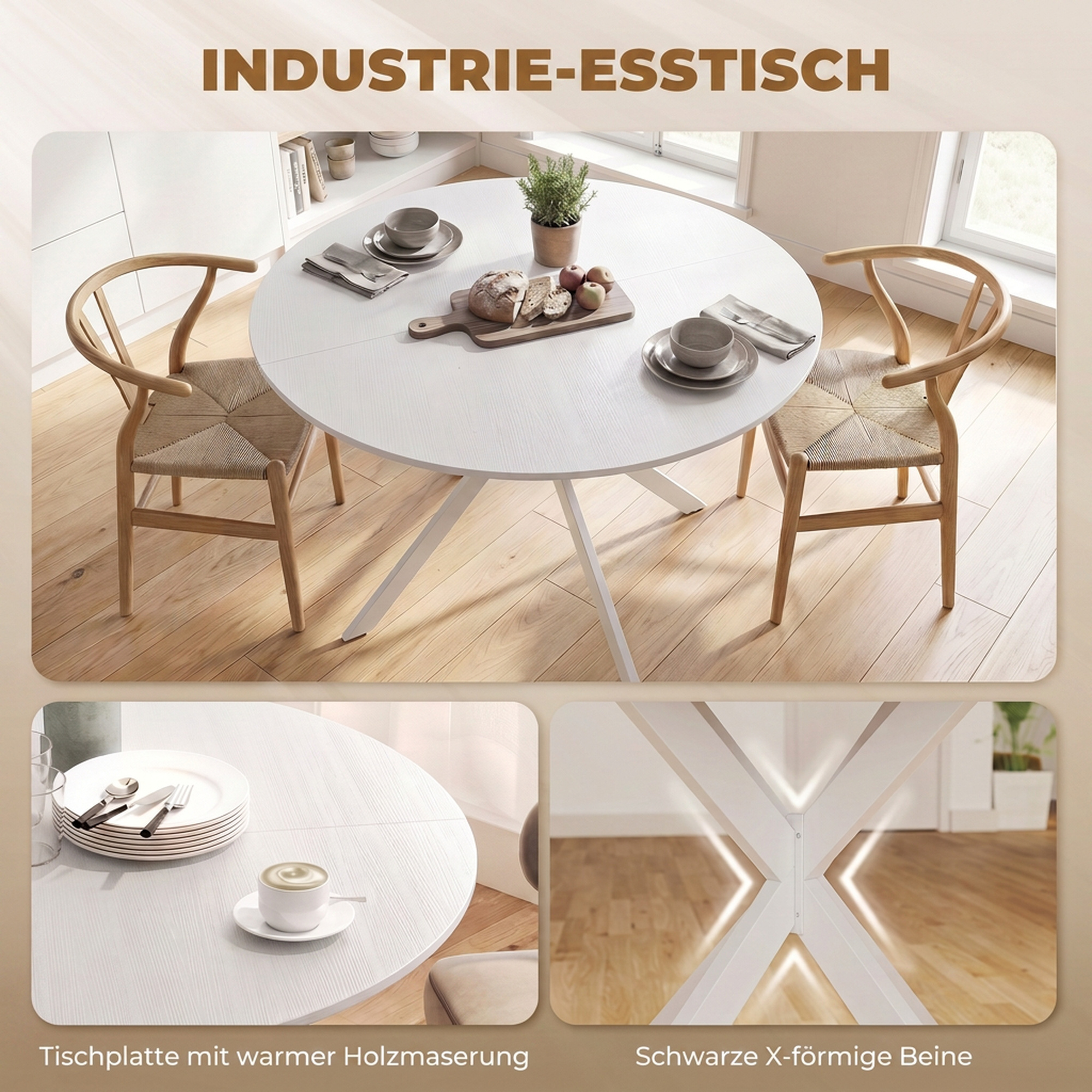 Runder Esstisch für 4 Personen, Küchentisch im Industriestil mit Stahlbeinen, für Esszimmer, Küche, Weiß