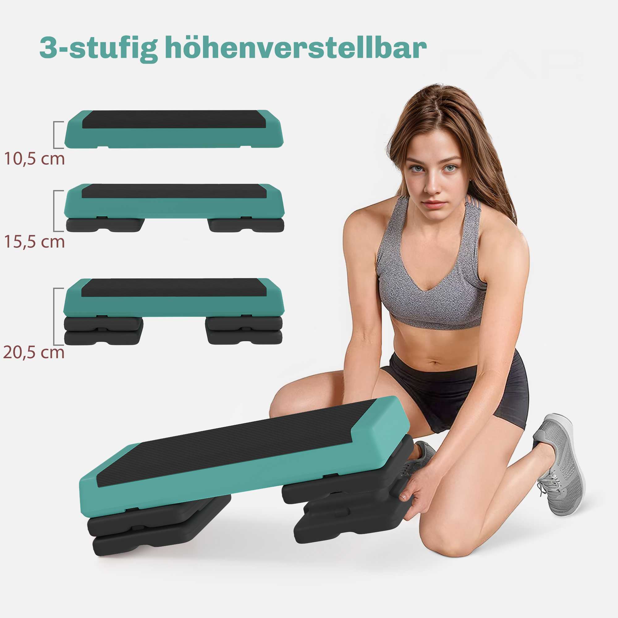 Steppbrett höhenverstellbar Fitness Aerobic Stepper mit 3 Stufen (10,5/15,5/20,5 cm), Anti-Rutsch Grün