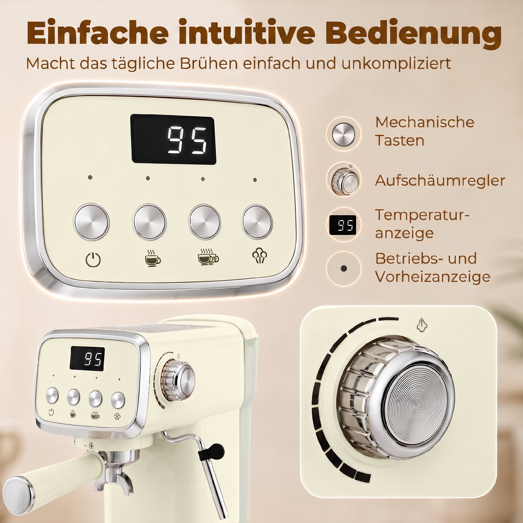 Siebträgermaschine 20 Bar Espressomaschine mit Milchaufschäumer und 1,2L abnehmbaren Wassertank für Espresso