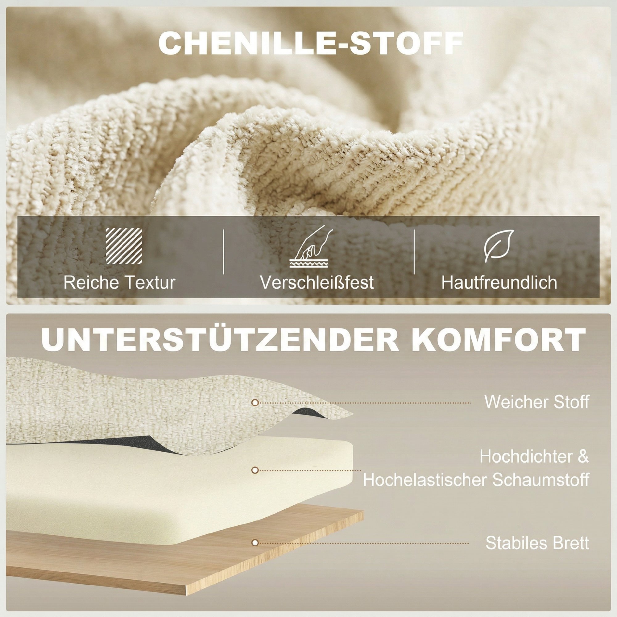 3-in-1 Verstellbares Schlafsofa, Zweisitzer mit Getränkehaltern, verstellbarer Rückenlehne und Seitentaschen, Beige