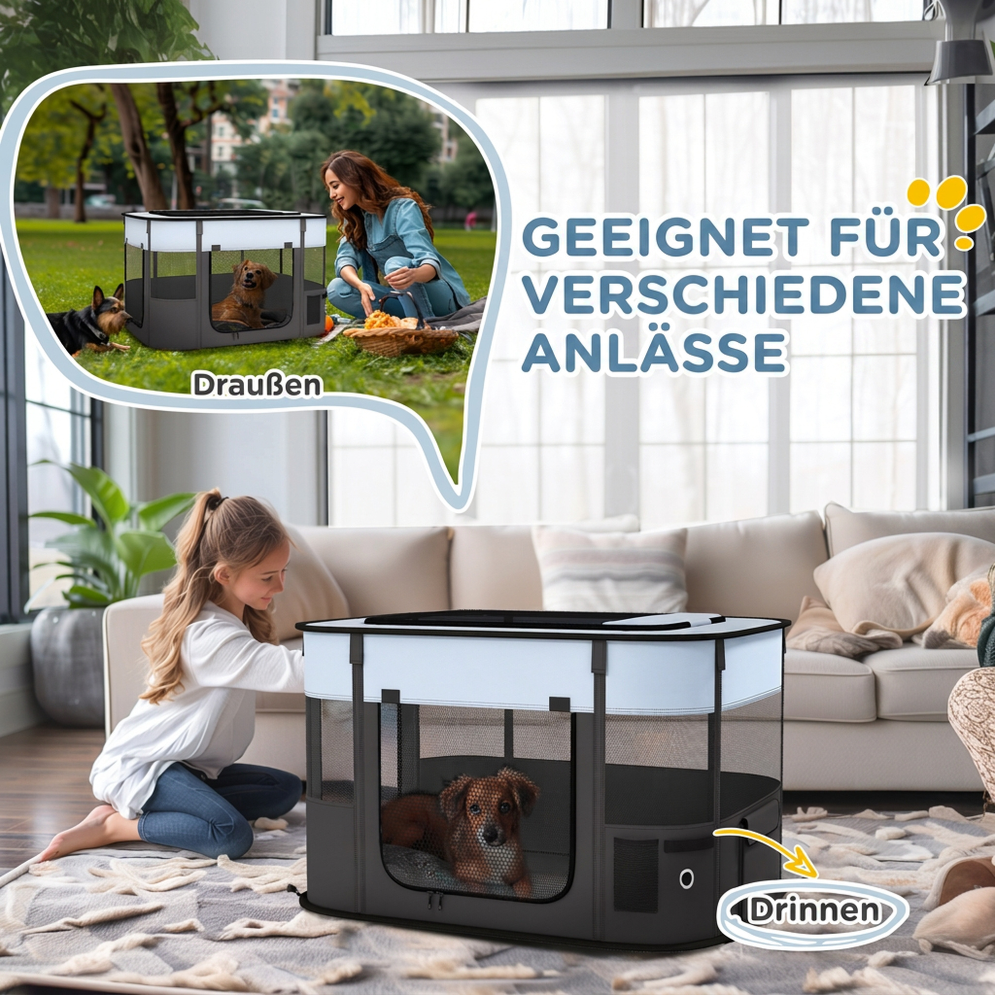 Spielgehege für Haustiere, faltbar, mit Aufbewahrungstasche, für Welpen und Kätzchen, drinnen und draußen, Grau
